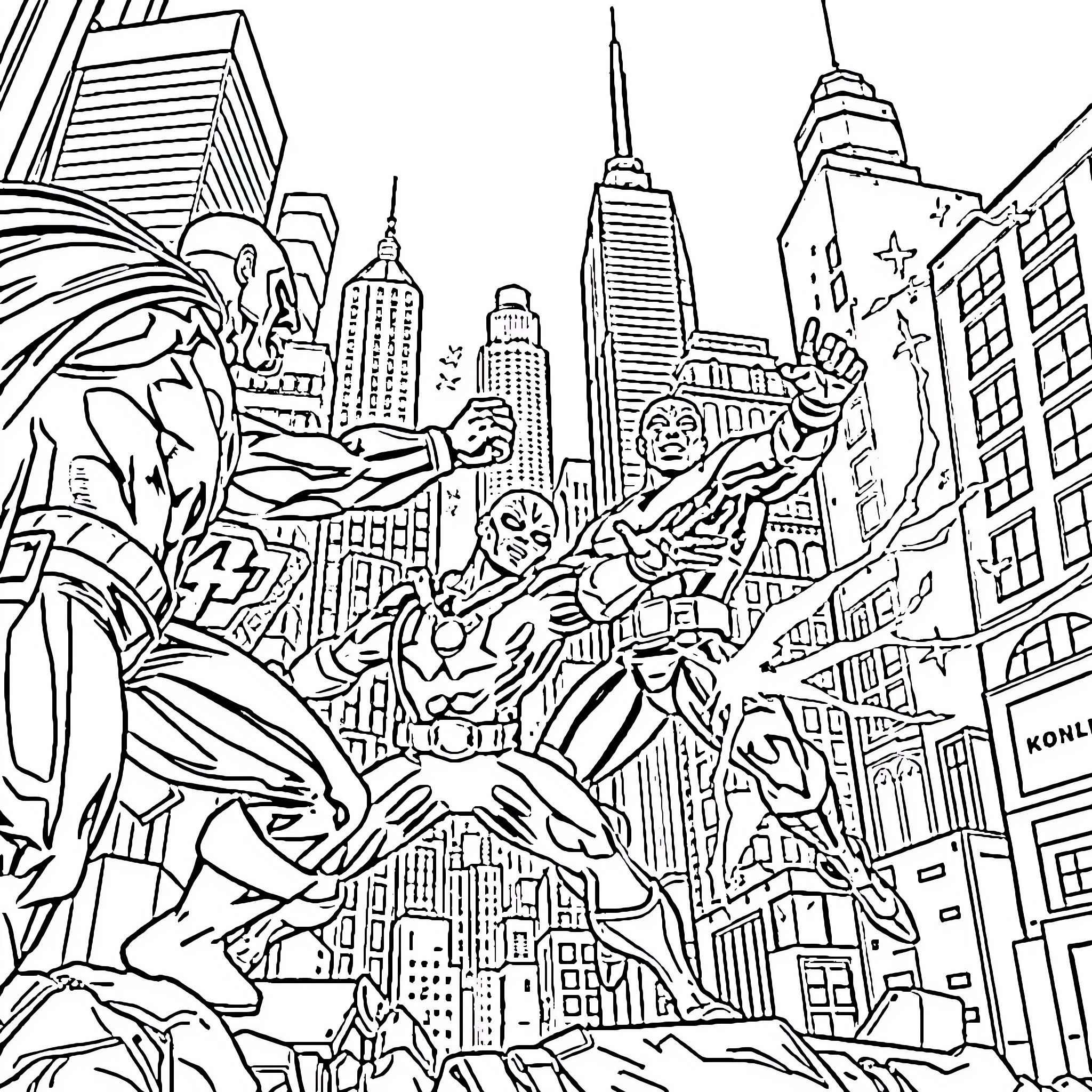 Fantastic Four Fighting Crime in the Bustling City Coloring Page (free black-and-white line drawing printable PDF for all, from beginners to advanced learners, including children, teens, adults, and seniors)