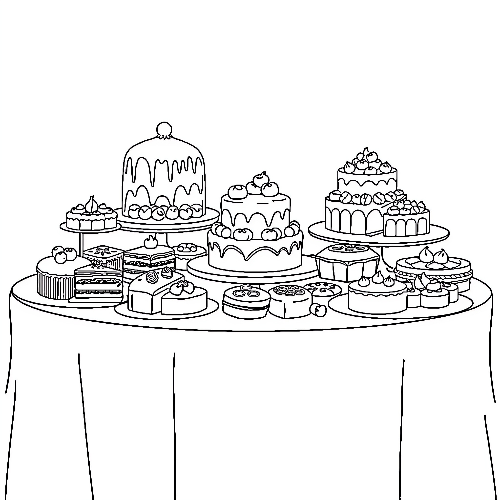 Dessert display of various cakes and pastries Coloring Page (free black-and-white line drawing printable PDF for all, from beginners to advanced learners, including children, teens, adults, and seniors)