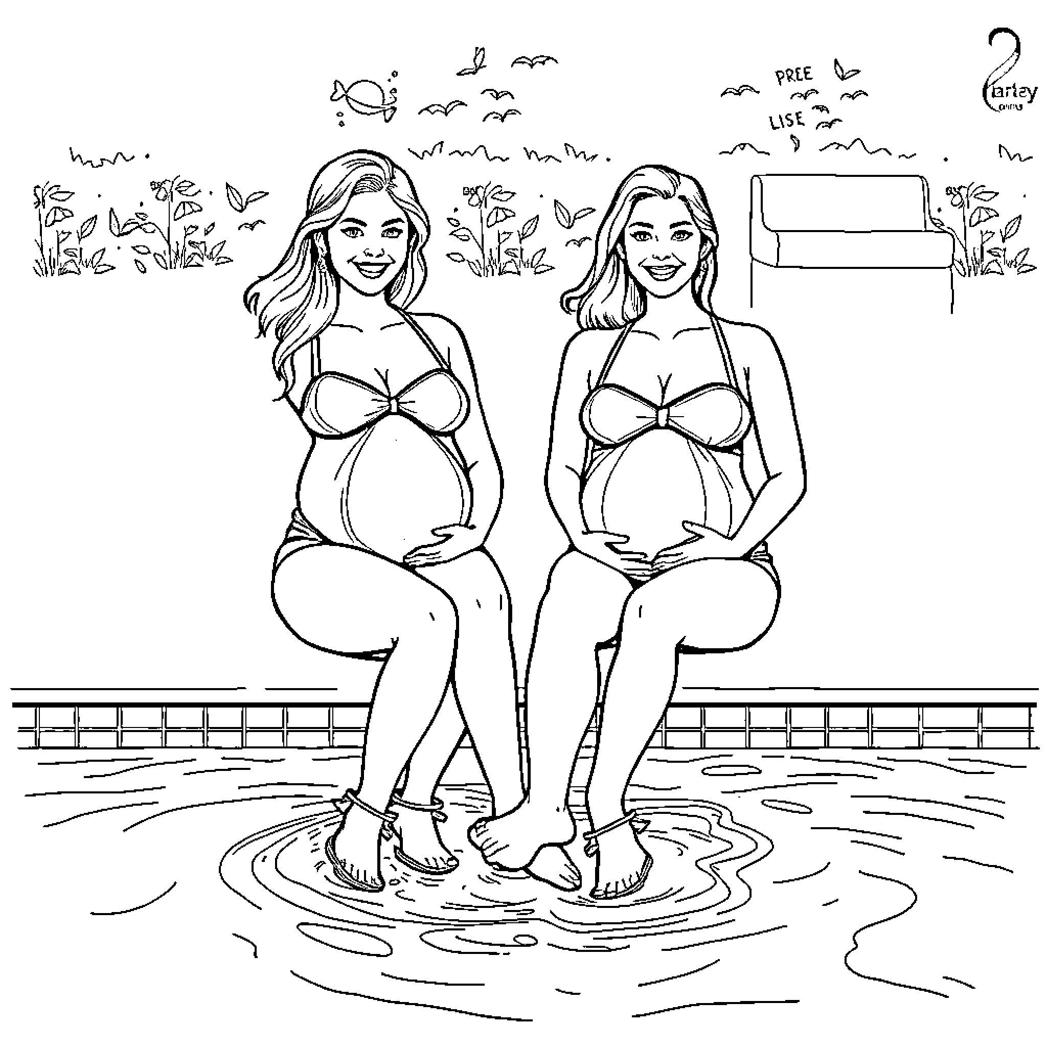 Pregnant Women Relaxing in the Wading Pool Coloring Page (free black-and-white line drawing printable PDF for all, from beginners to advanced learners, including children, teens, adults, and seniors)