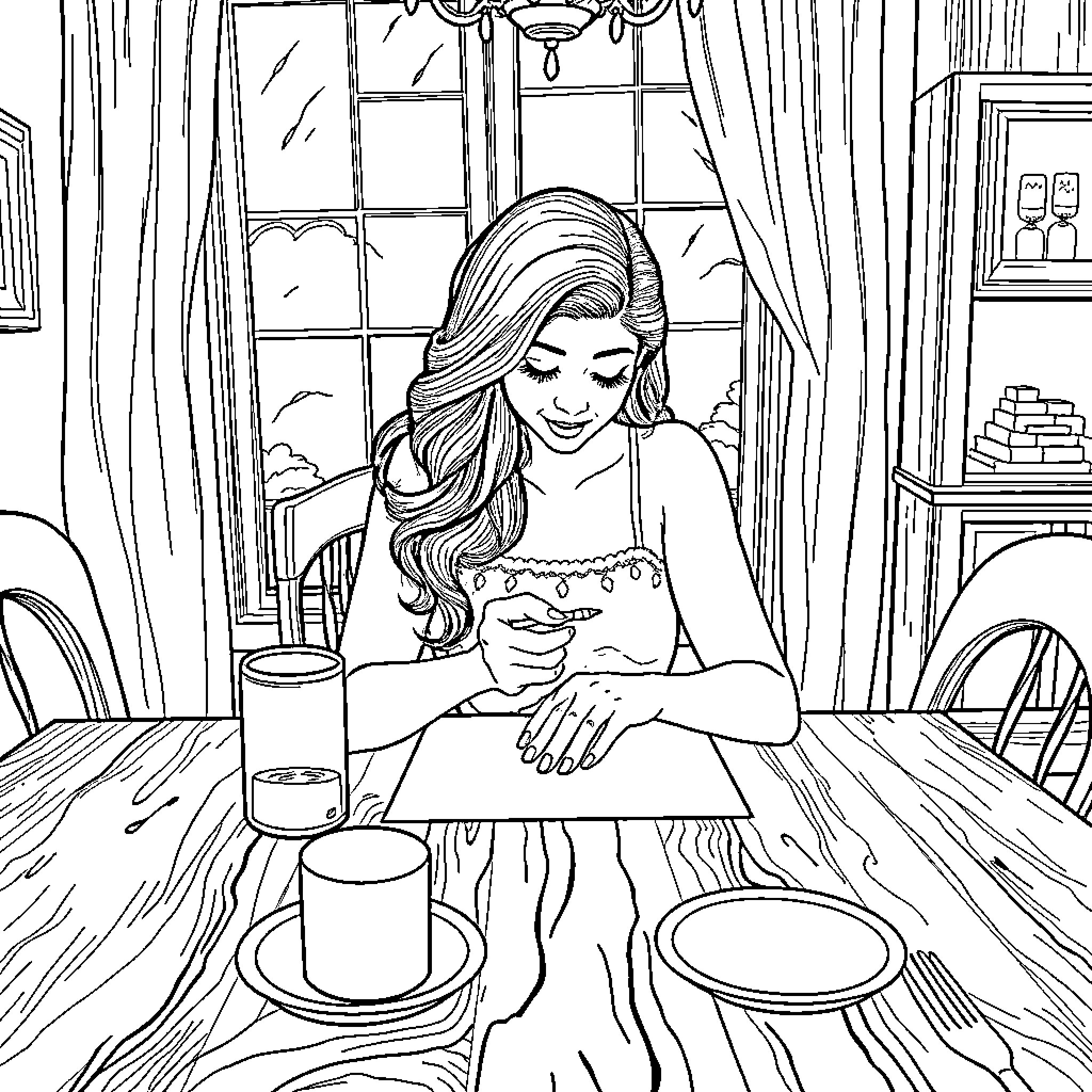 Latina Woman Enjoying Meal at Home Coloring Page (free black-and-white line drawing printable PDF for all, from beginners to advanced learners, including children, teens, adults, and seniors)