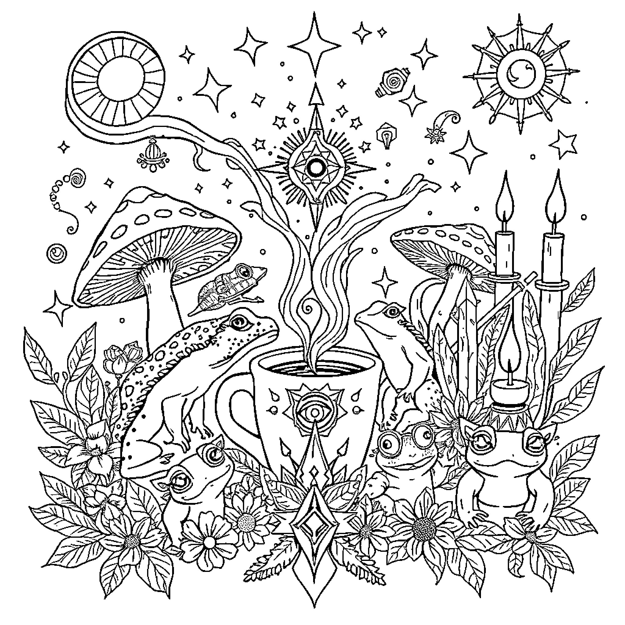 Mushroom Cosmic Mystical Nature Illustration Coloring Page (free black-and-white line drawing printable PDF for all, from beginners to advanced learners, including children, teens, adults, and seniors)