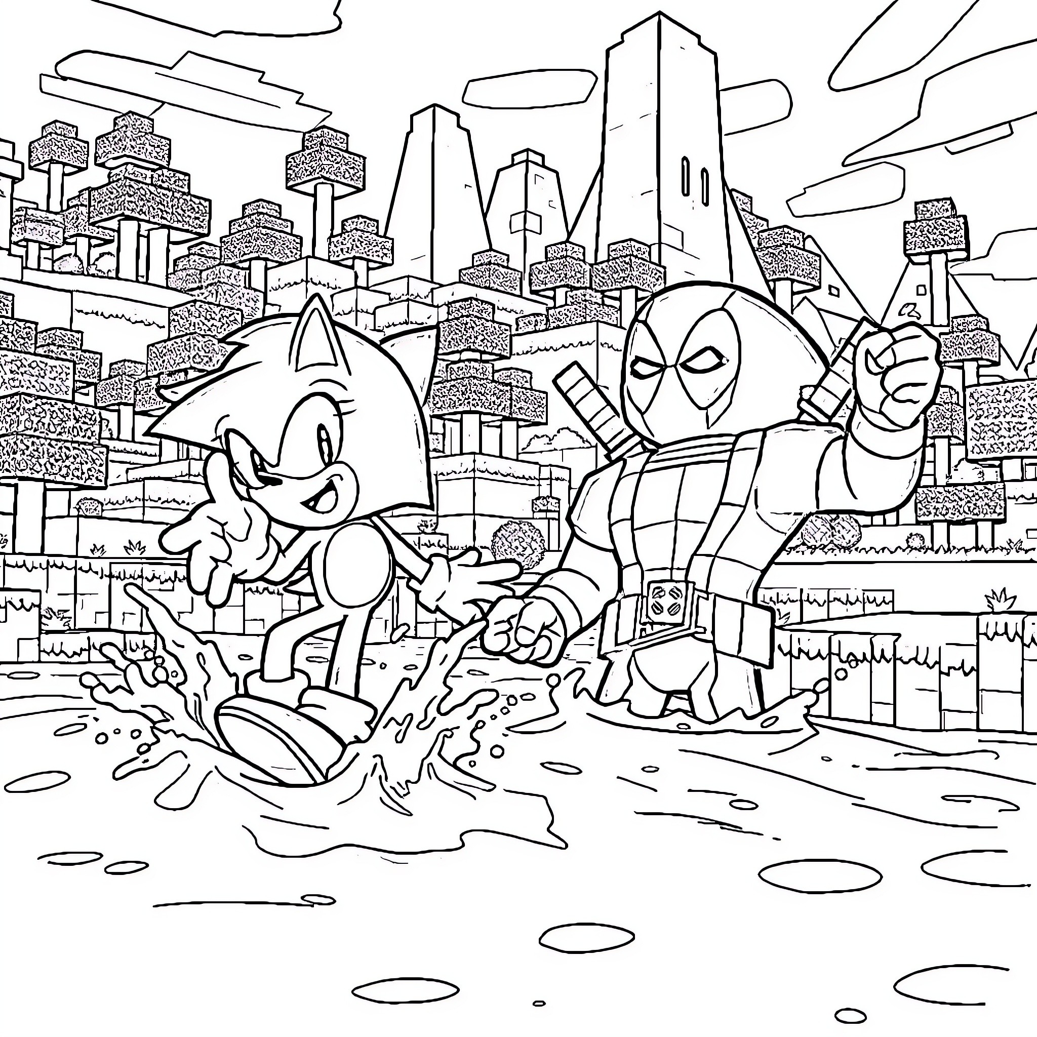 Sonic and Deadpool in an action-packed city scene Coloring Page (free black-and-white line drawing printable PDF for all, from beginners to advanced learners, including children, teens, adults, and seniors)