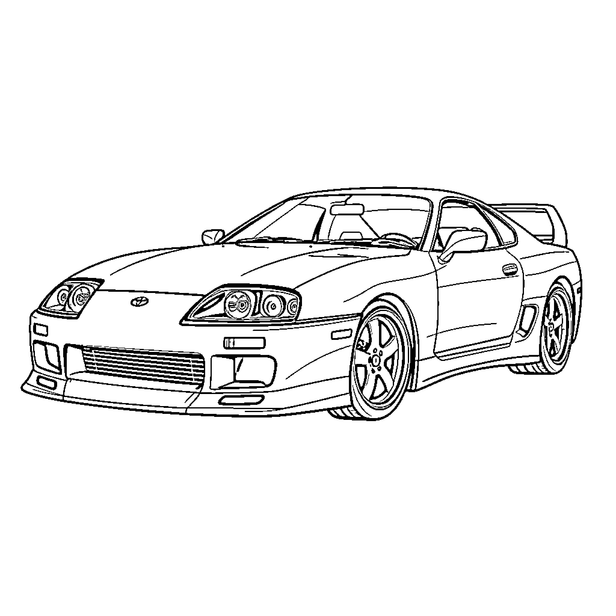 Toyota Supra sports car in monochrome line art Coloring Page (free black-and-white line drawing printable PDF for all, from beginners to advanced learners, including children, teens, adults, and seniors)