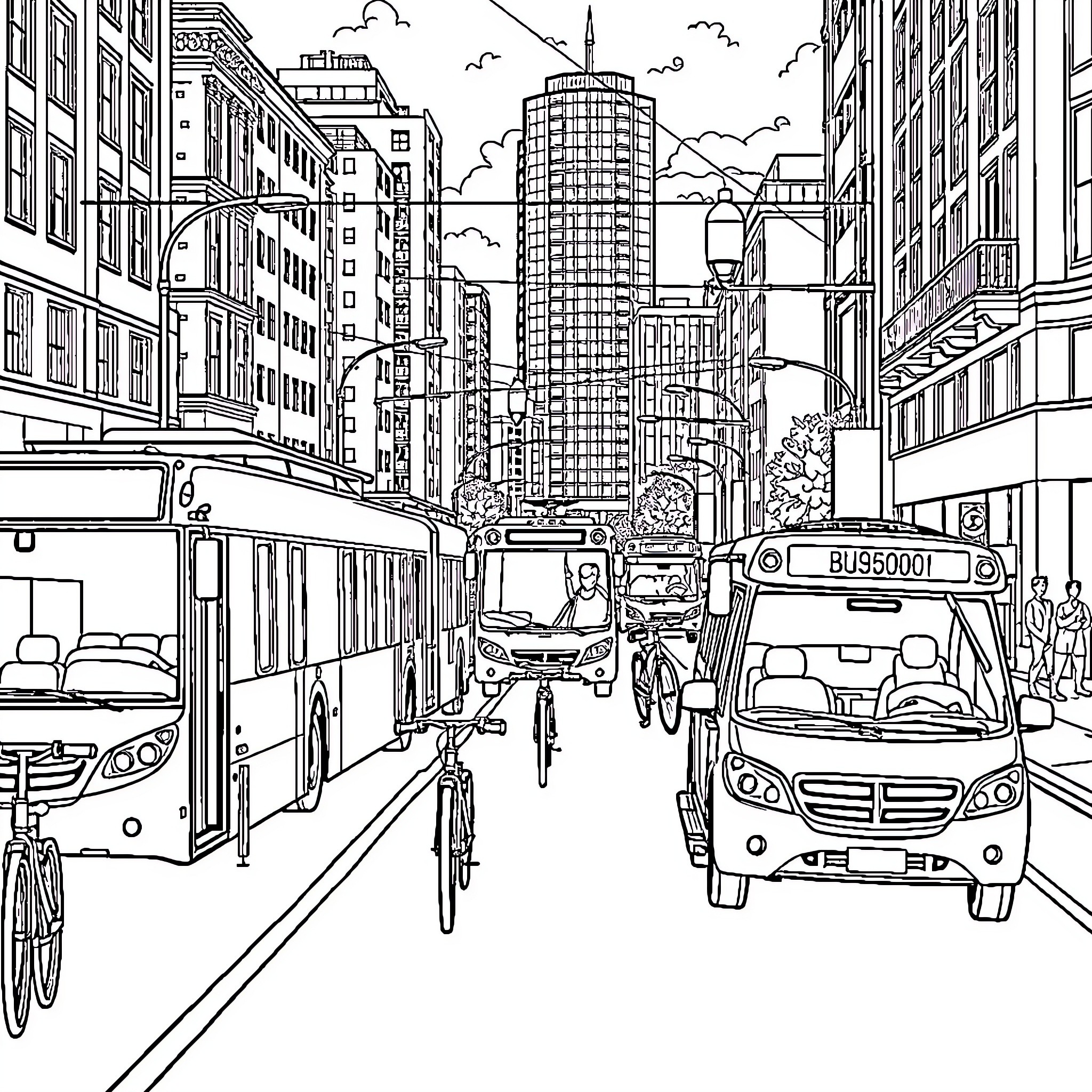 Transportation in the bustling city Coloring Page (free black-and-white line drawing printable PDF for all, from beginners to advanced learners, including children, teens, adults, and seniors)