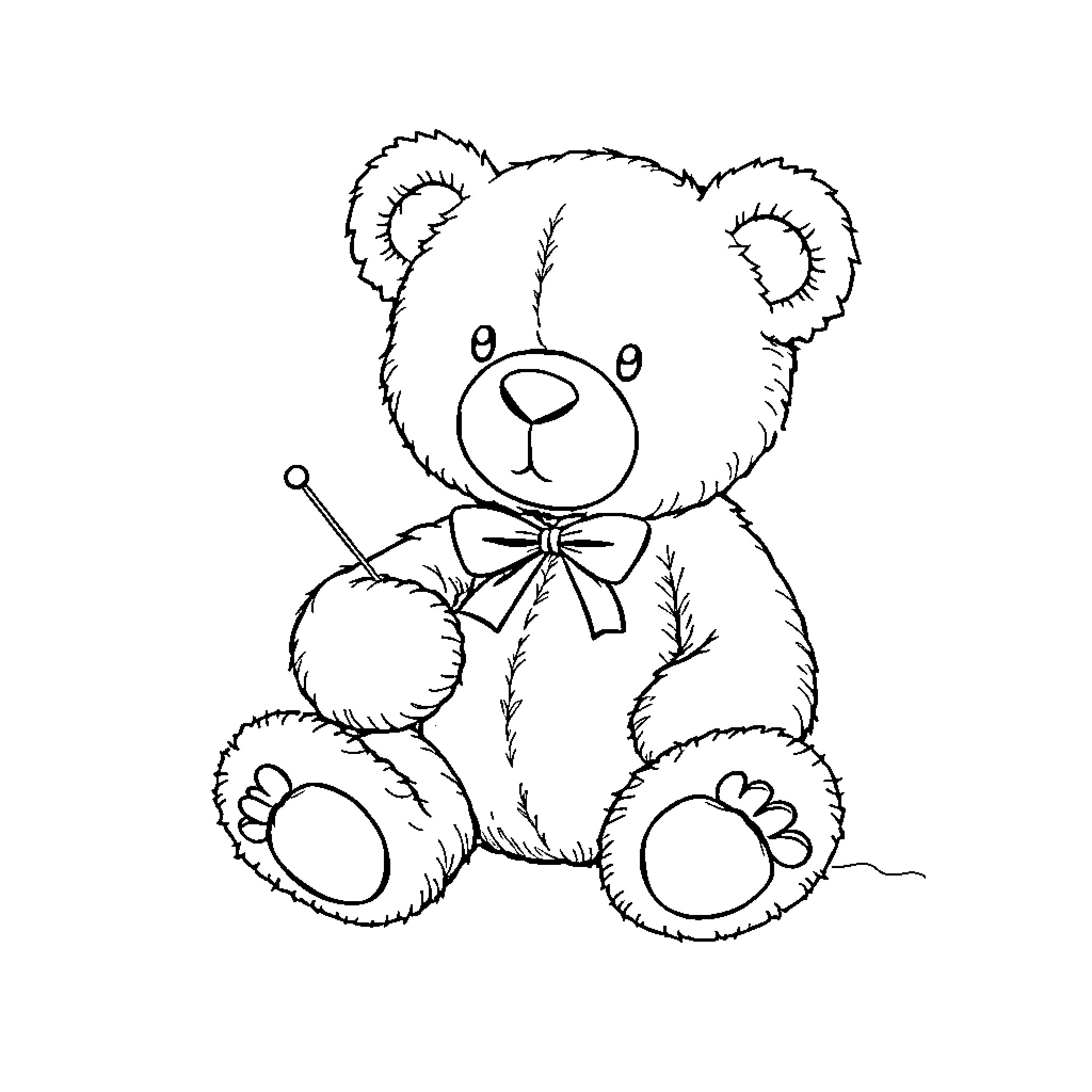 Teddy Bear Sitting with Bow Tie Coloring Page (free black-and-white line drawing printable PDF for all, from beginners to advanced learners, including children, teens, adults, and seniors)