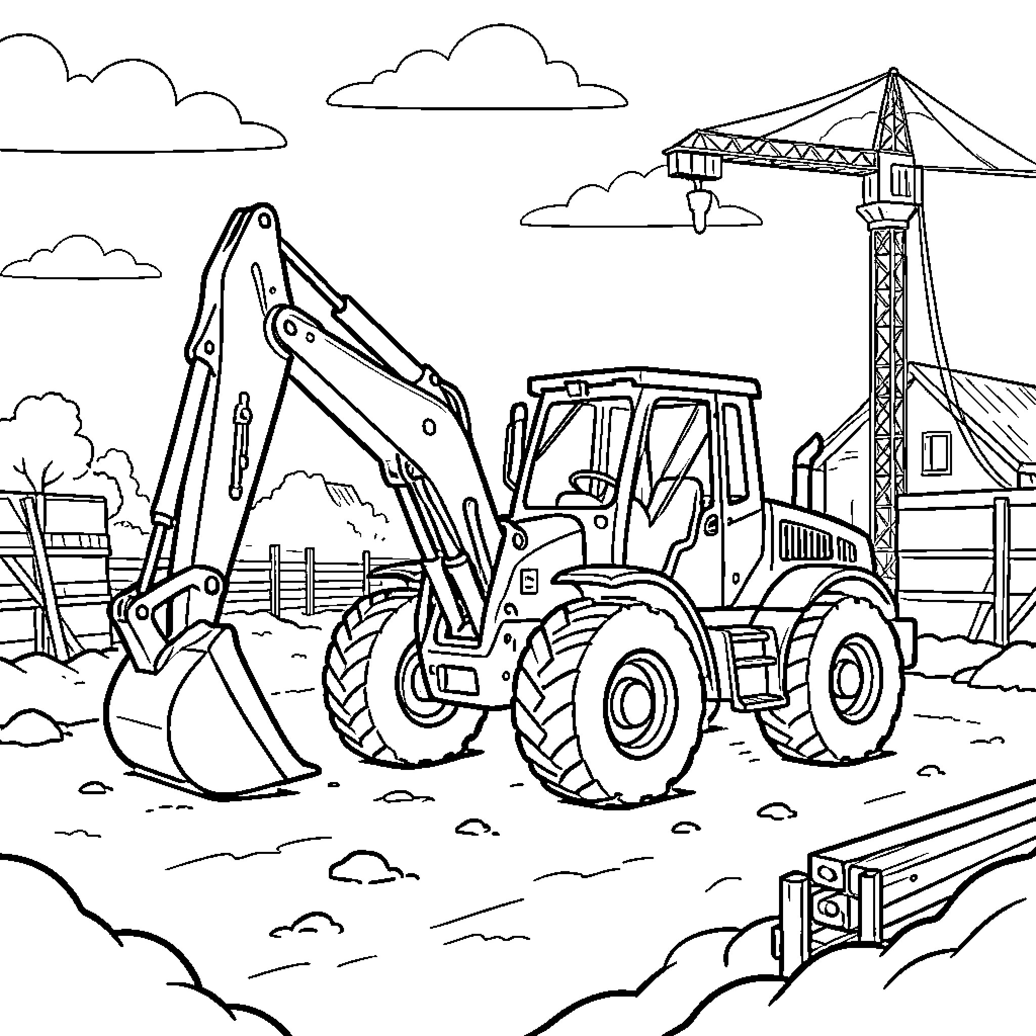 Tractopelle working at a busy construction site Coloring Page (free black-and-white line drawing printable PDF for all, from beginners to advanced learners, including children, teens, adults, and seniors)