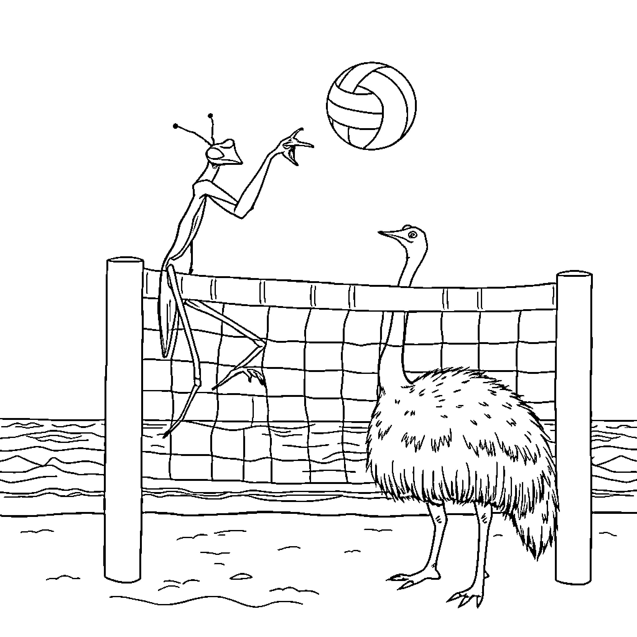 Praying Mantis Playing Volleyball with Ostrich Coloring Page (free black-and-white line drawing printable PDF for all, from beginners to advanced learners, including children, teens, adults, and seniors)