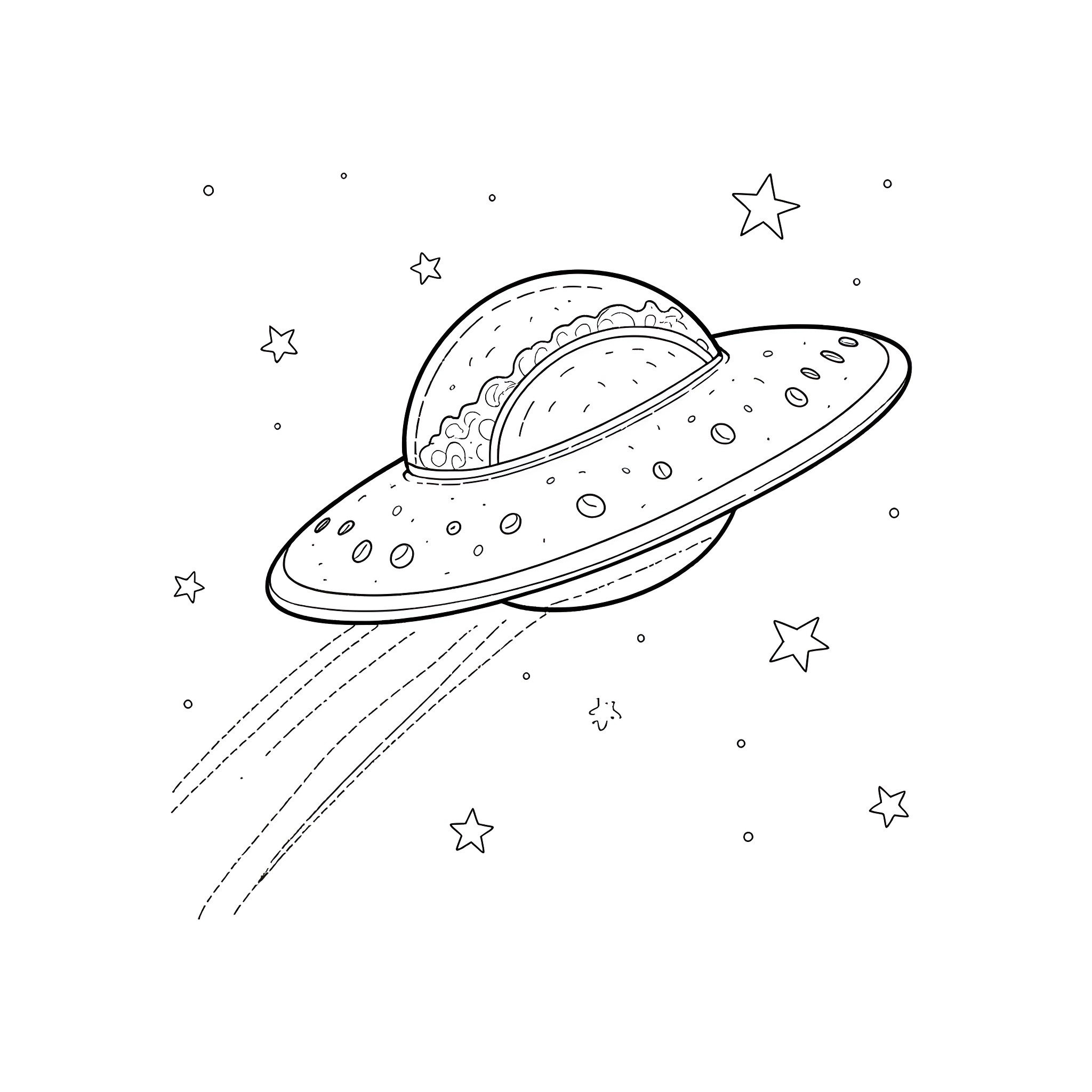 Taco Flying Saucer in Starry Space Coloring Page (free black-and-white line drawing printable PDF for all, from beginners to advanced learners, including children, teens, adults, and seniors)
