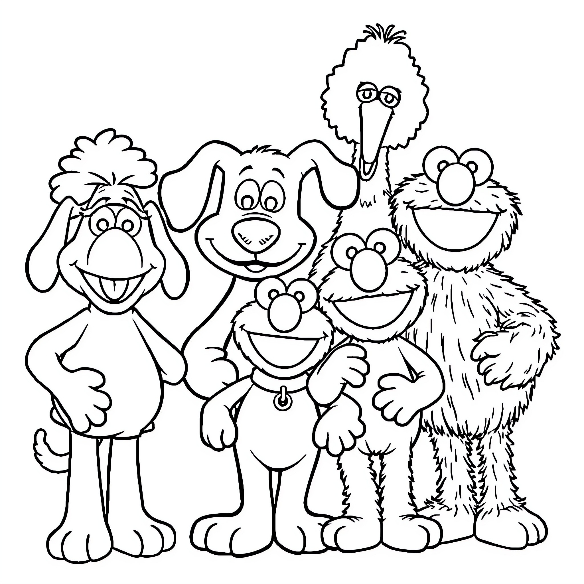 Character Group of Cartoon Animals in Playful Poses Coloring Page (free black-and-white line drawing printable PDF for all, from beginners to advanced learners, including children, teens, adults, and seniors)