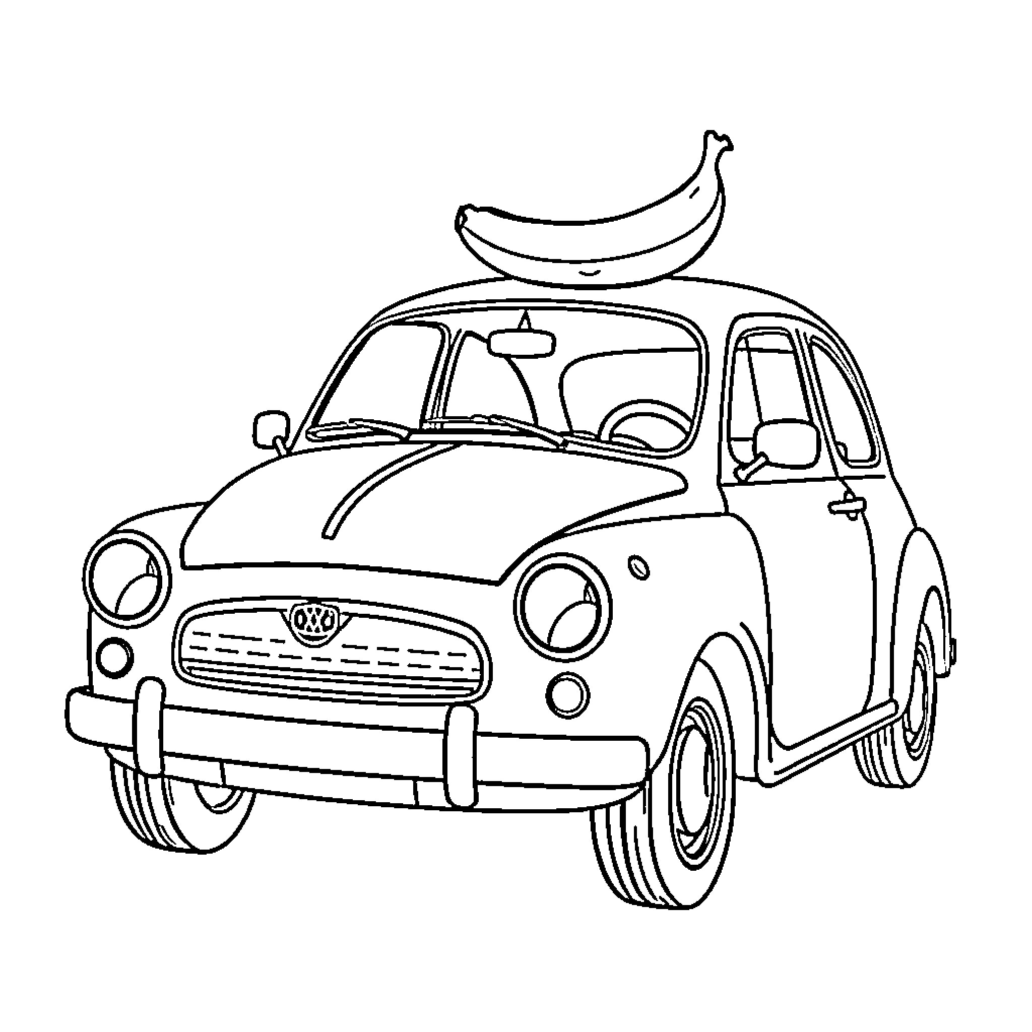 Car transporting a banana on its roof Coloring Page (free black-and-white line drawing printable PDF for all, from beginners to advanced learners, including children, teens, adults, and seniors)