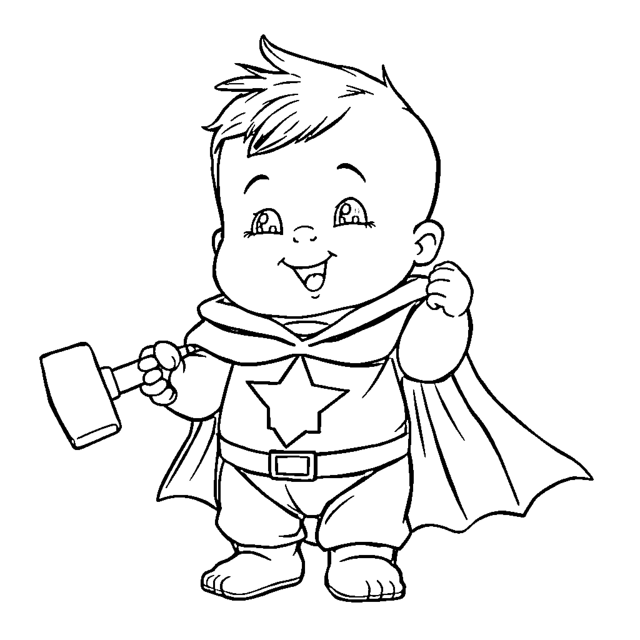 Baby superhero striking a heroic pose Coloring Page (free black-and-white line drawing printable PDF for all, from beginners to advanced learners, including children, teens, adults, and seniors)