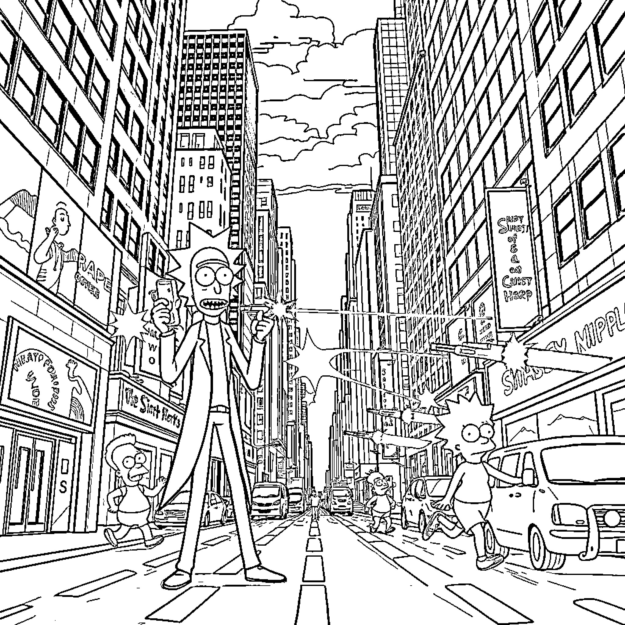 Rick And Morty Explore a Bustling City Landscape Coloring Page (free black-and-white line drawing printable PDF for all, from beginners to advanced learners, including children, teens, adults, and seniors)