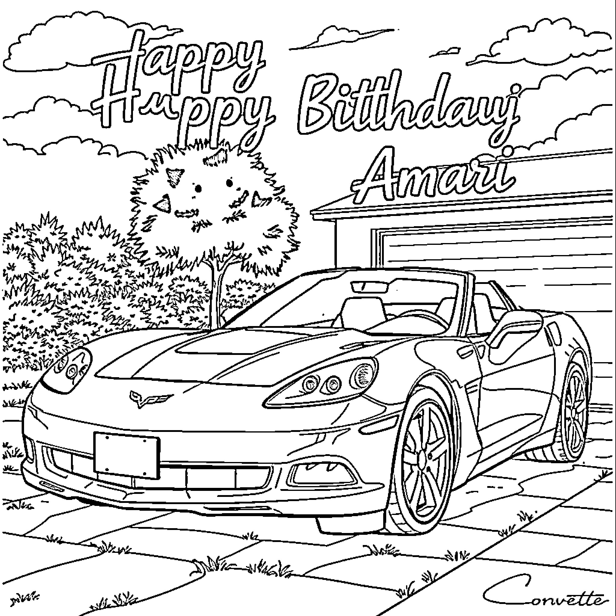 Corvette parked in front of landscape Coloring Page (free black-and-white line drawing printable PDF for all, from beginners to advanced learners, including children, teens, adults, and seniors)
