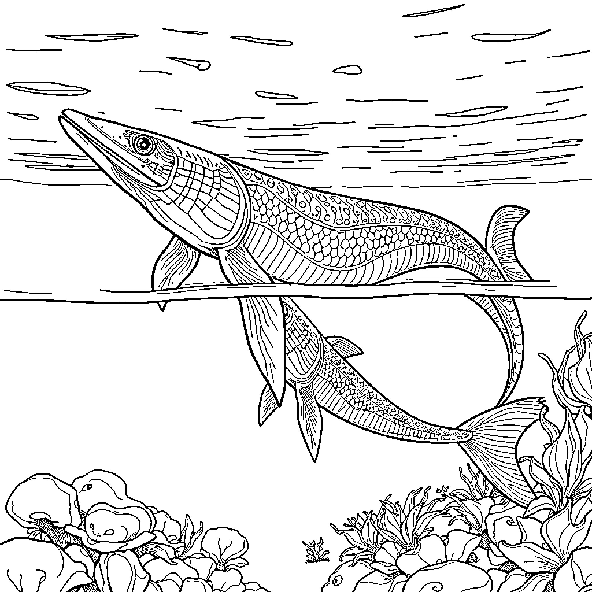 Eel swimming amidst underwater foliage Coloring Page (free black-and-white line drawing printable PDF for all, from beginners to advanced learners, including children, teens, adults, and seniors)