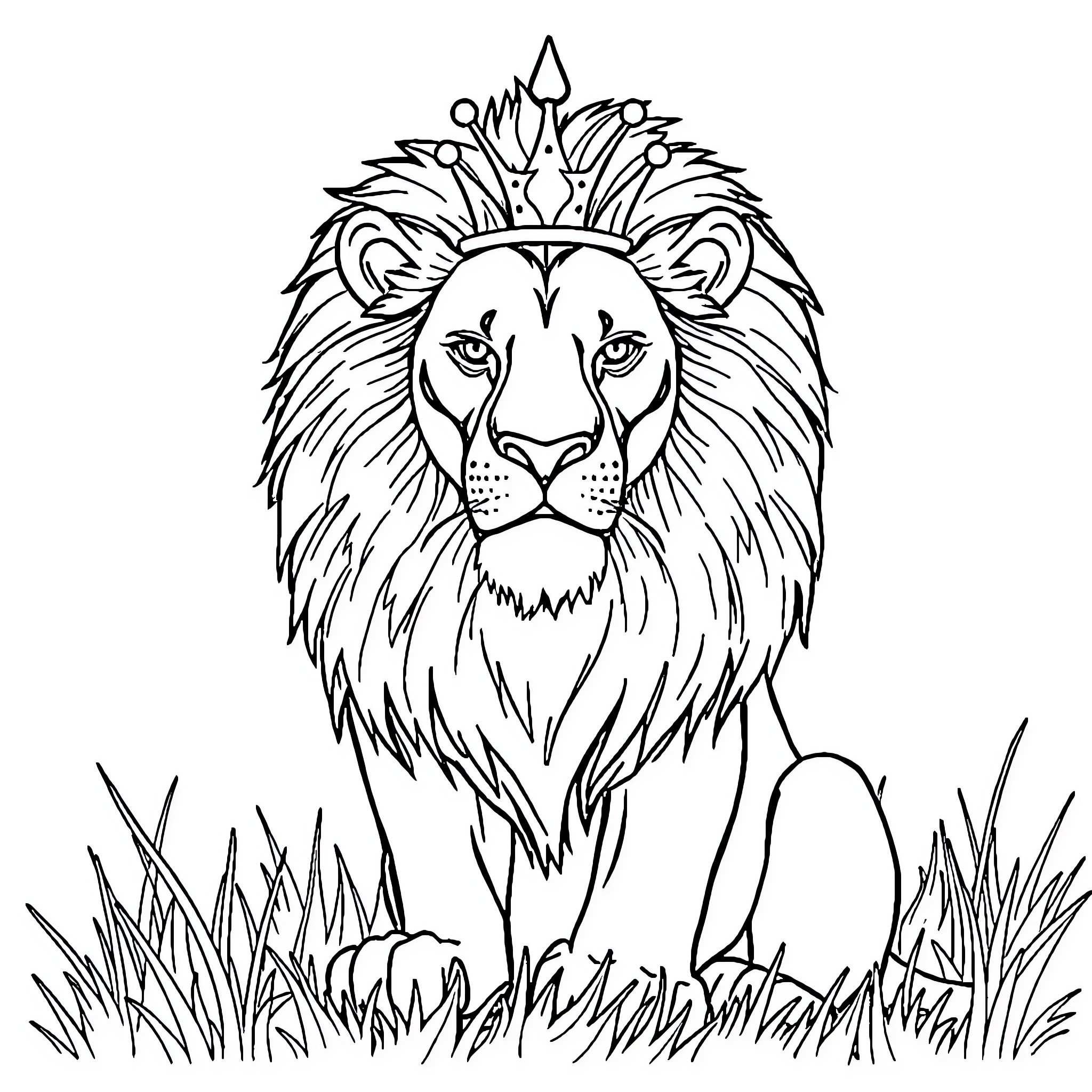 Lion with majestic crown resting in the wild Coloring Page (free black-and-white line drawing printable PDF for all, from beginners to advanced learners, including children, teens, adults, and seniors)