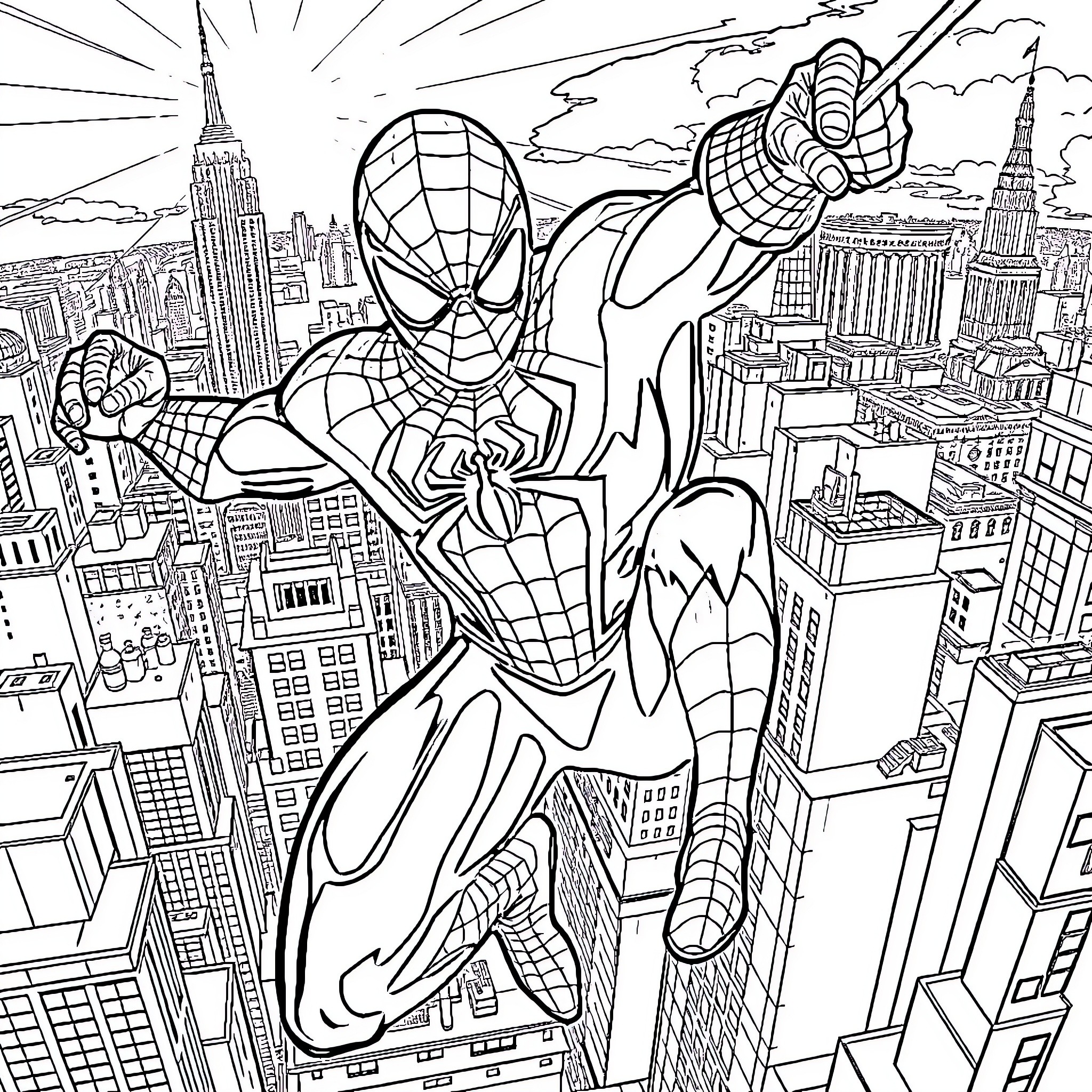 Spiderman swinging through the skyscrapers of the city Coloring Page (free black-and-white line drawing printable PDF for all, from beginners to advanced learners, including children, teens, adults, and seniors)