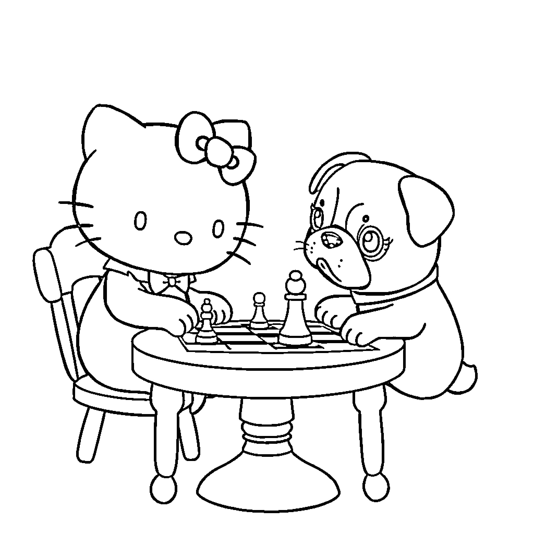 Hello Kitty playing chess with a puppy Coloring Page (free black-and-white line drawing printable PDF for all, from beginners to advanced learners, including children, teens, adults, and seniors)