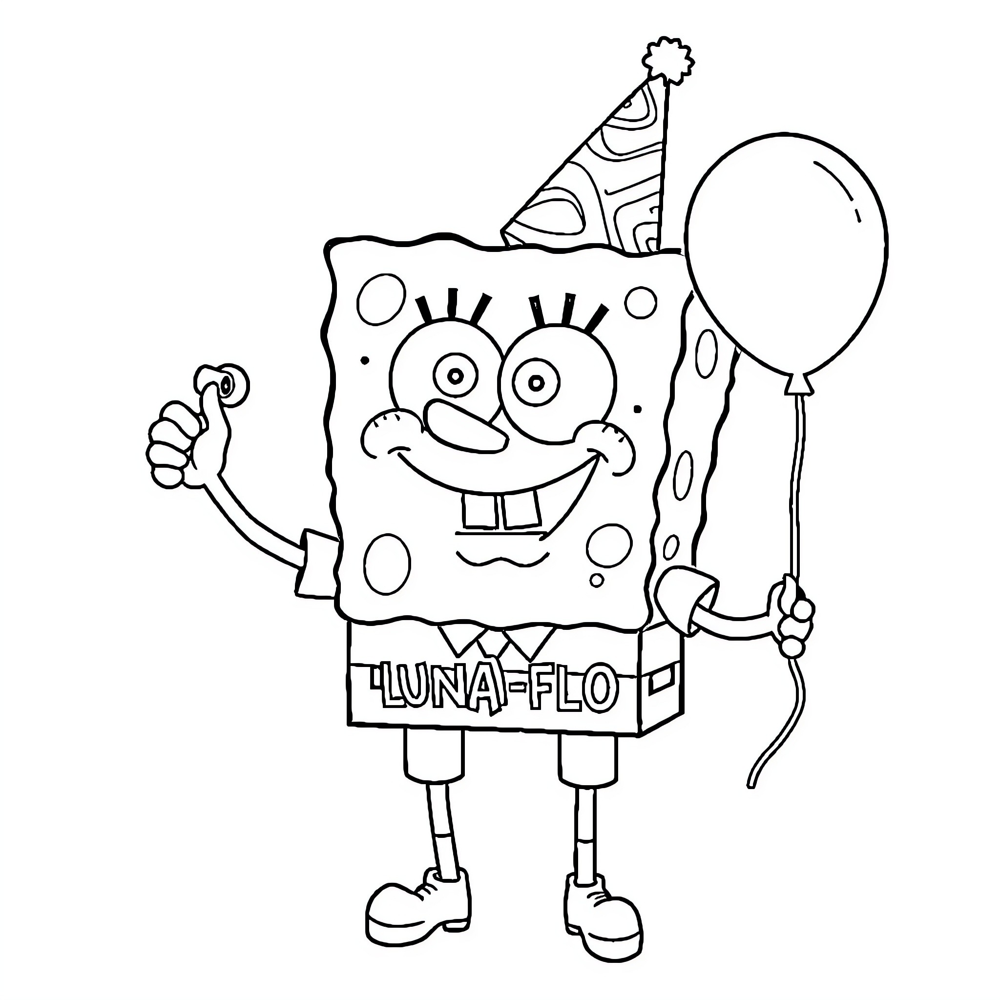 Spongebob celebrating with party hat and balloon Coloring Page (free black-and-white line drawing printable PDF for all, from beginners to advanced learners, including children, teens, adults, and seniors)