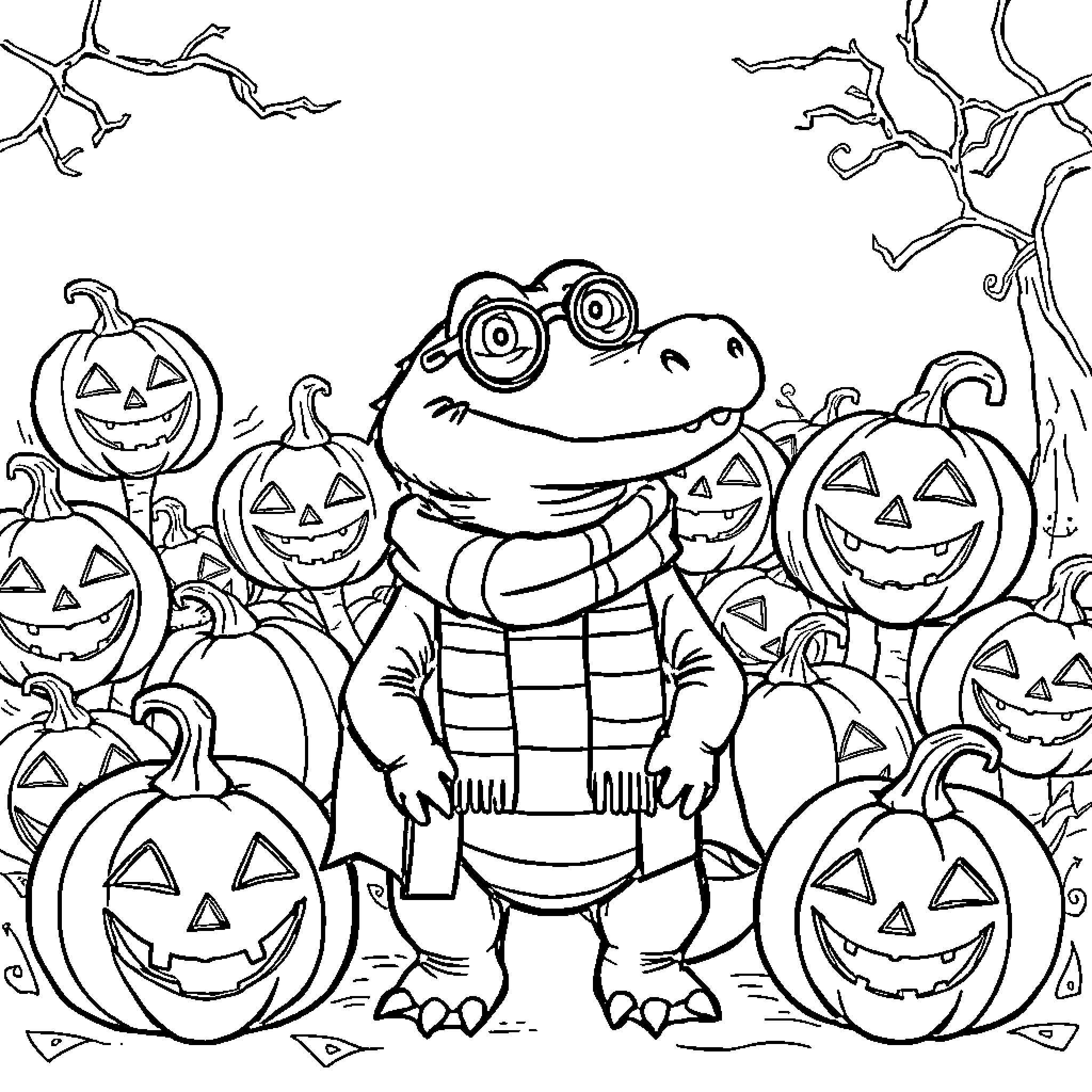 Alligator in costume enjoys Halloween festivities Coloring Page (free black-and-white line drawing printable PDF for all, from beginners to advanced learners, including children, teens, adults, and seniors)