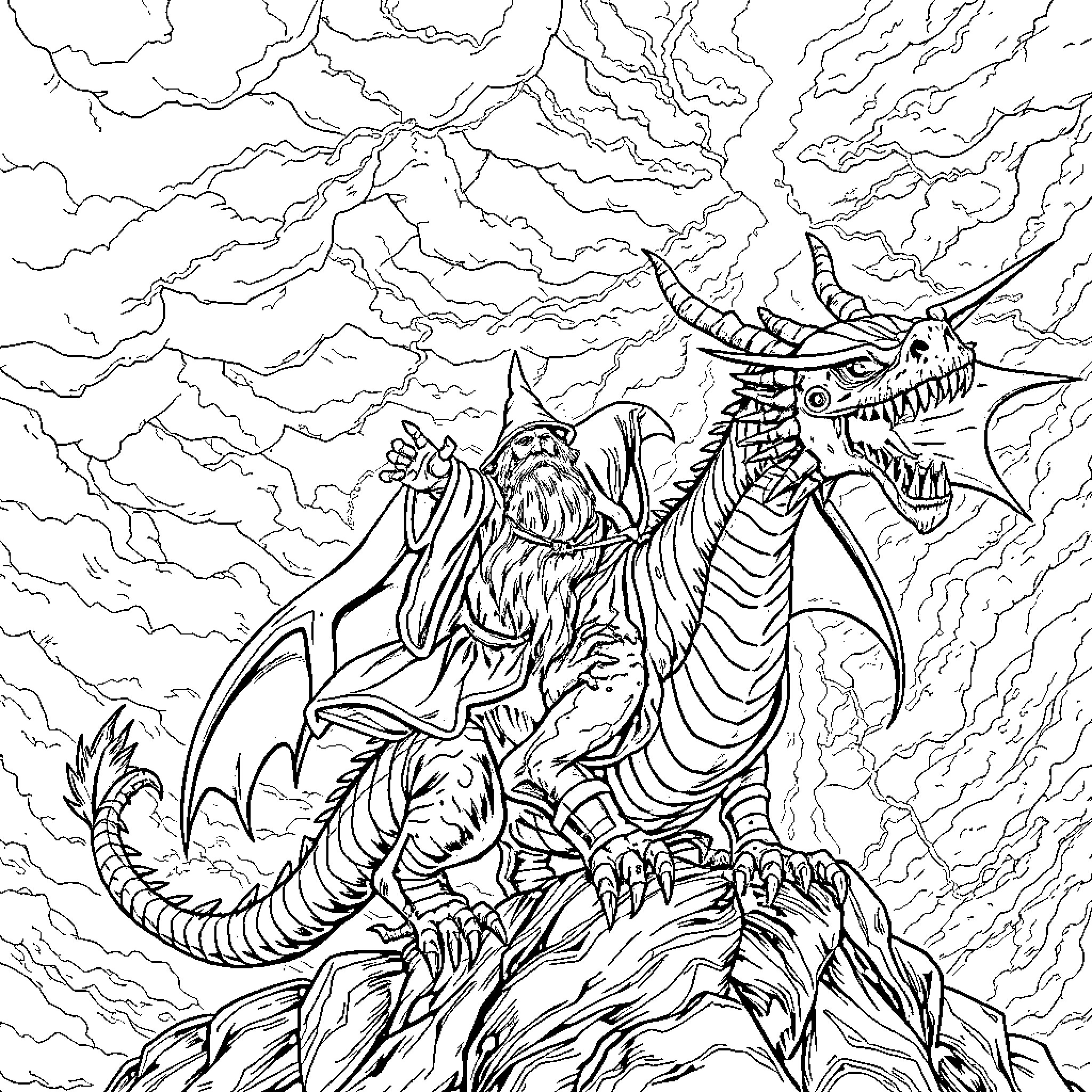 Wizard riding a fierce dragon in a stormy sky Coloring Page (free black-and-white line drawing printable PDF for all, from beginners to advanced learners, including children, teens, adults, and seniors)