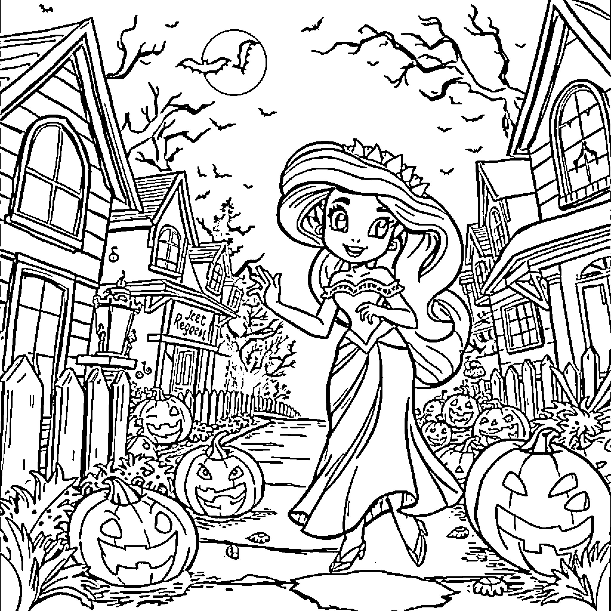 Jasmine's Spooky Halloween Adventure Coloring Page (free black-and-white line drawing printable PDF for all, from beginners to advanced learners, including children, teens, adults, and seniors)