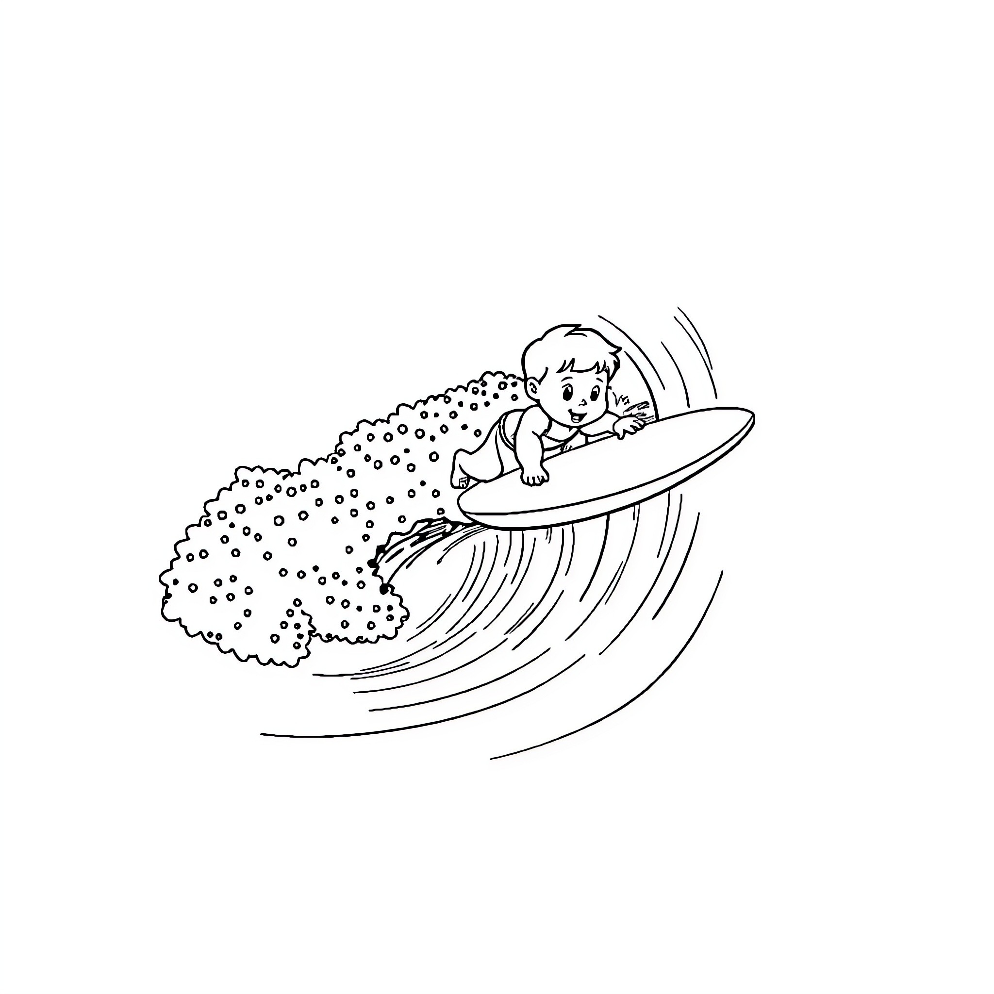 Bebe surfing on a wave Coloring Page (free black-and-white line drawing printable PDF for all, from beginners to advanced learners, including children, teens, adults, and seniors)