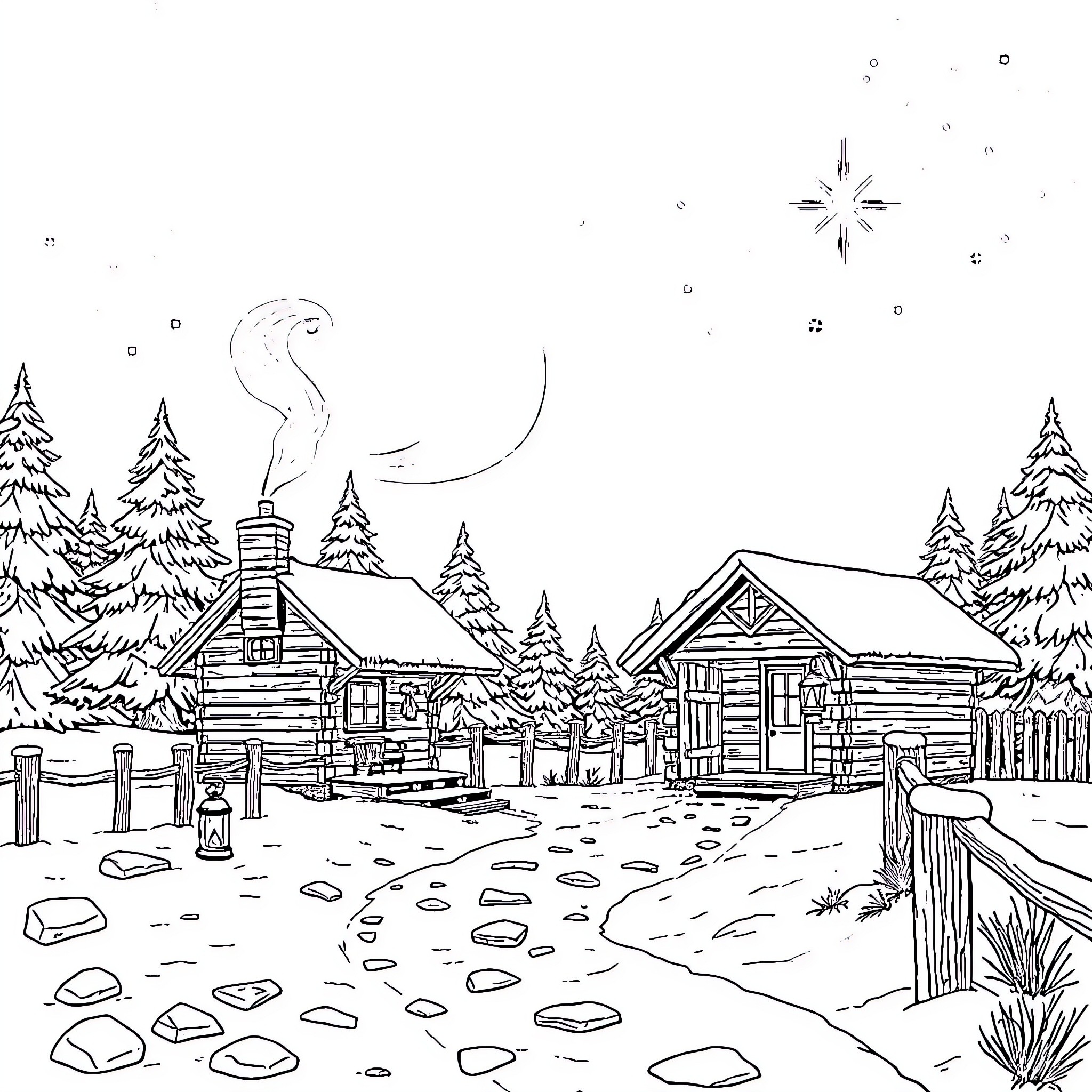 Cabin in the snowy wilderness Coloring Page (free black-and-white line drawing printable PDF for all, from beginners to advanced learners, including children, teens, adults, and seniors)