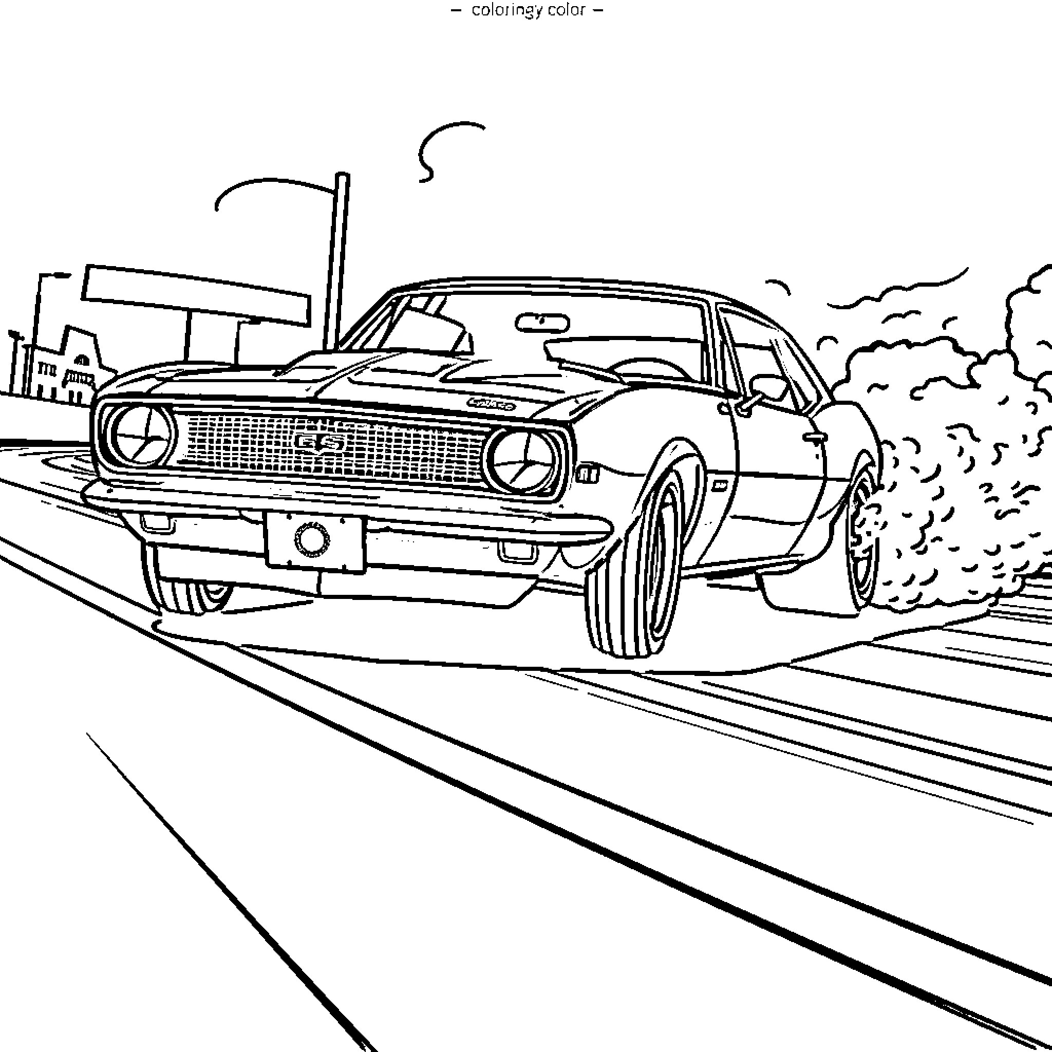 Chevy Camaro racing down the street Coloring Page (free black-and-white line drawing printable PDF for all, from beginners to advanced learners, including children, teens, adults, and seniors)