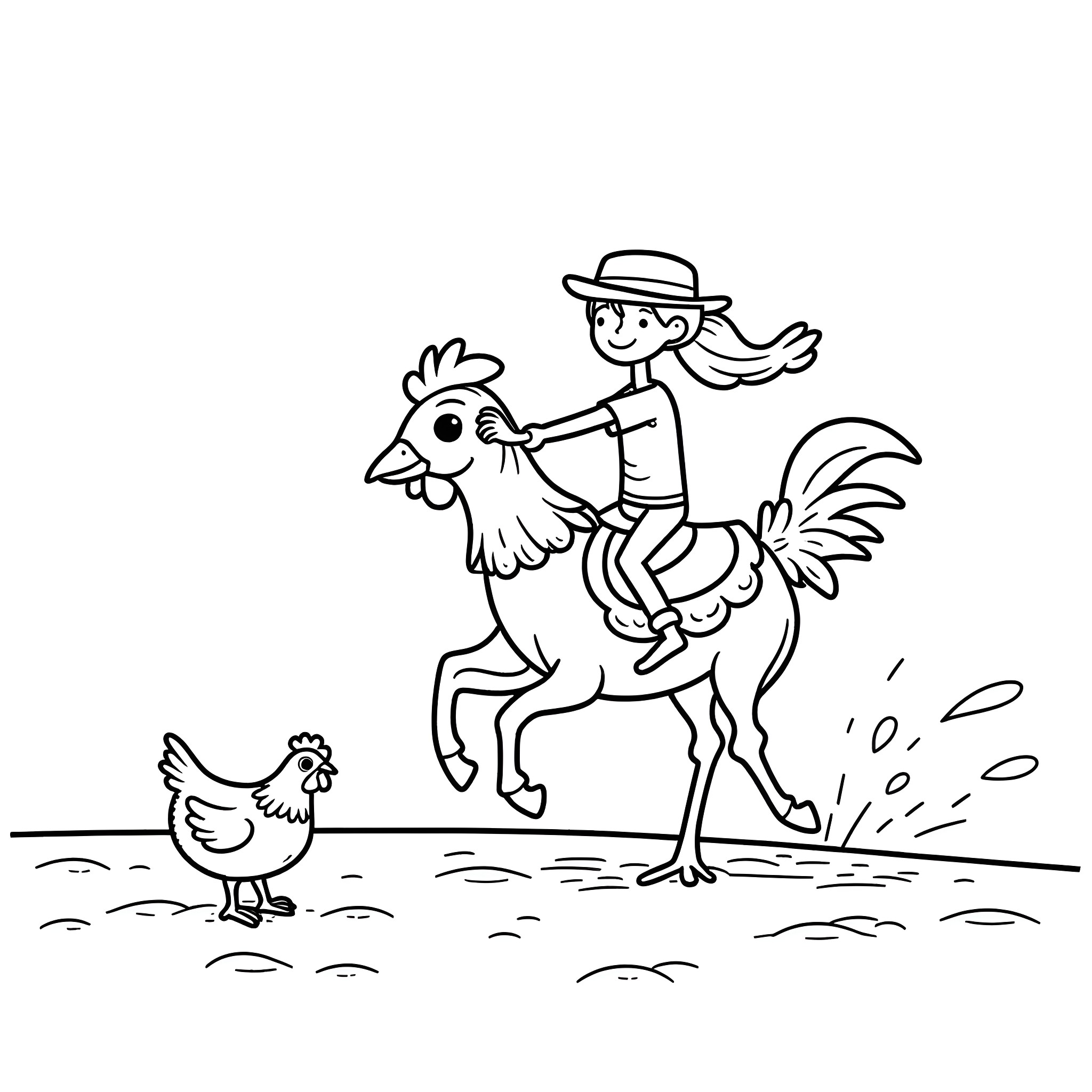 Chicken and child having fun on a farm Coloring Page (free black-and-white line drawing printable PDF for all, from beginners to advanced learners, including children, teens, adults, and seniors)