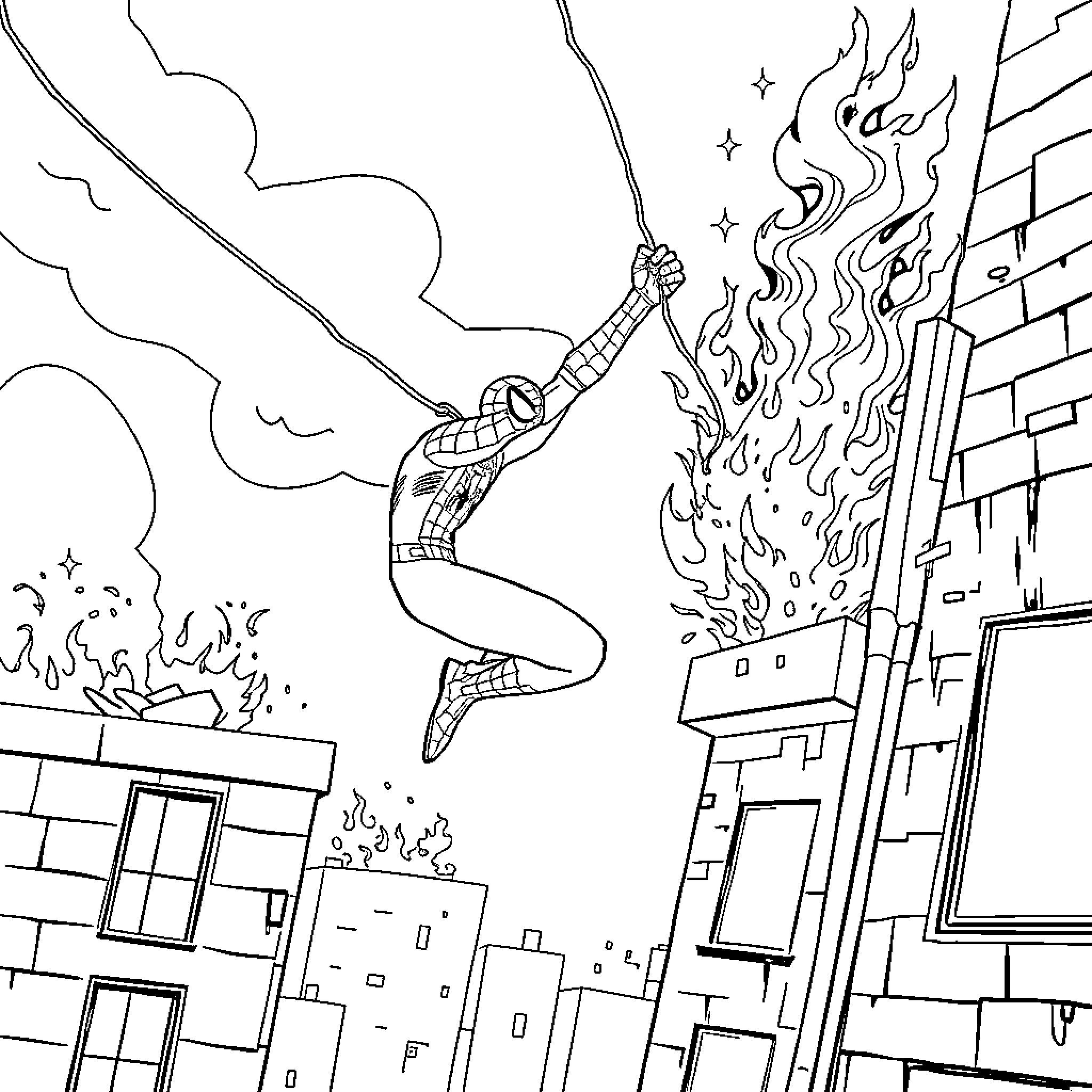 Spiderman swinging through a city in action Coloring Page (free black-and-white line drawing printable PDF for all, from beginners to advanced learners, including children, teens, adults, and seniors)