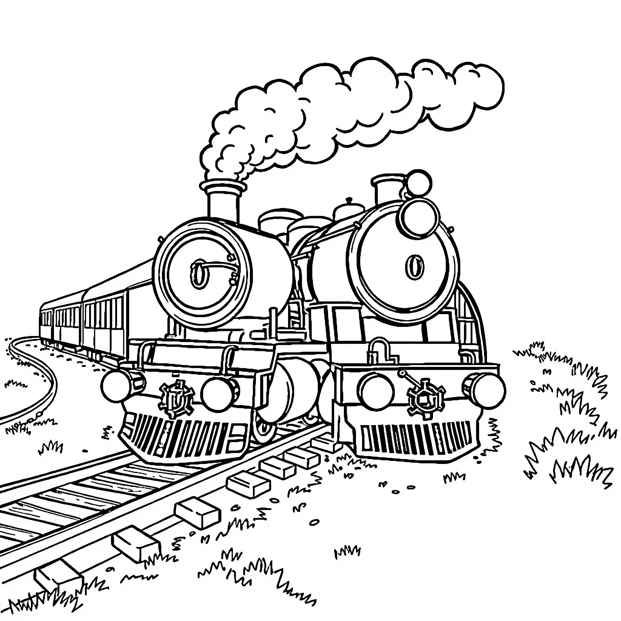 Train traveling along countryside tracks Coloring Page (free black-and-white line drawing printable PDF for all, from beginners to advanced learners, including children, teens, adults, and seniors)