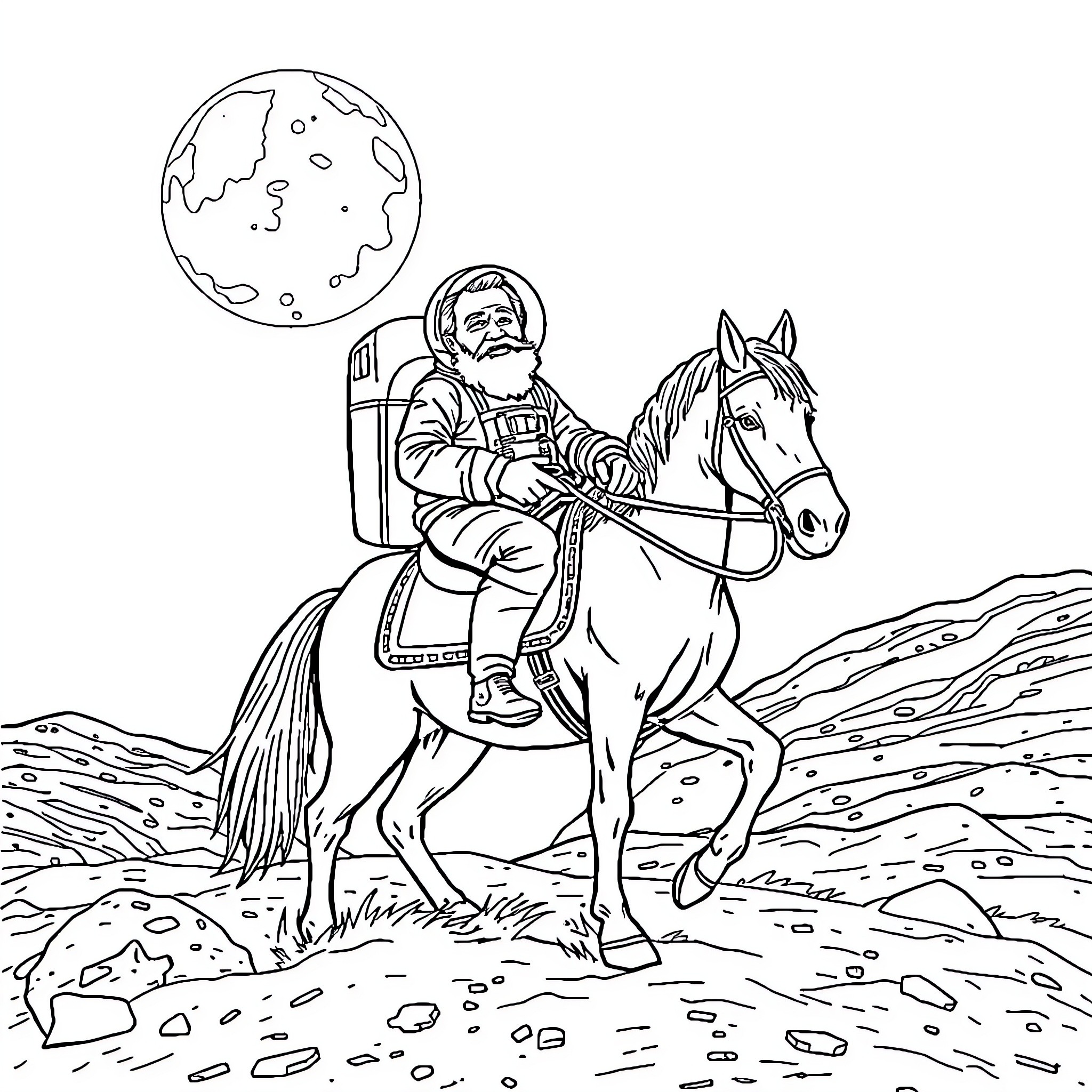Grandpa astronaut rides horse under the moon Coloring Page (free black-and-white line drawing printable PDF for all, from beginners to advanced learners, including children, teens, adults, and seniors)