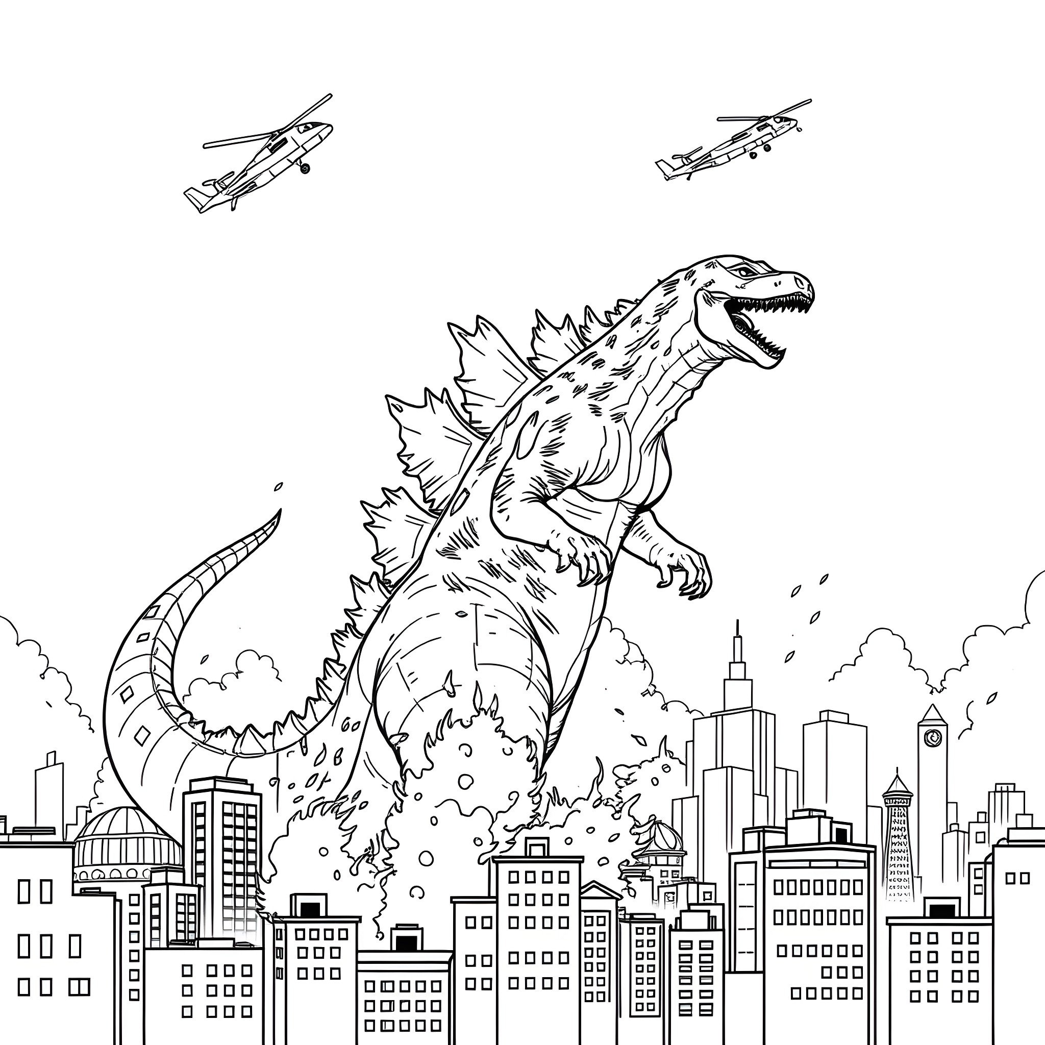 Godzilla rampages through the city with fighter jets overhead Coloring Page (free black-and-white line drawing printable PDF for all, from beginners to advanced learners, including children, teens, adults, and seniors)