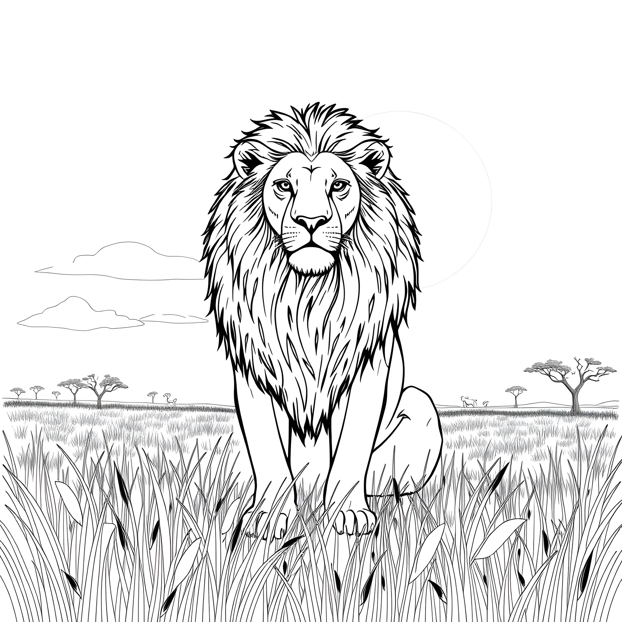 Lion in the wild African savanna Coloring Page (free black-and-white line drawing printable PDF for all, from beginners to advanced learners, including children, teens, adults, and seniors)