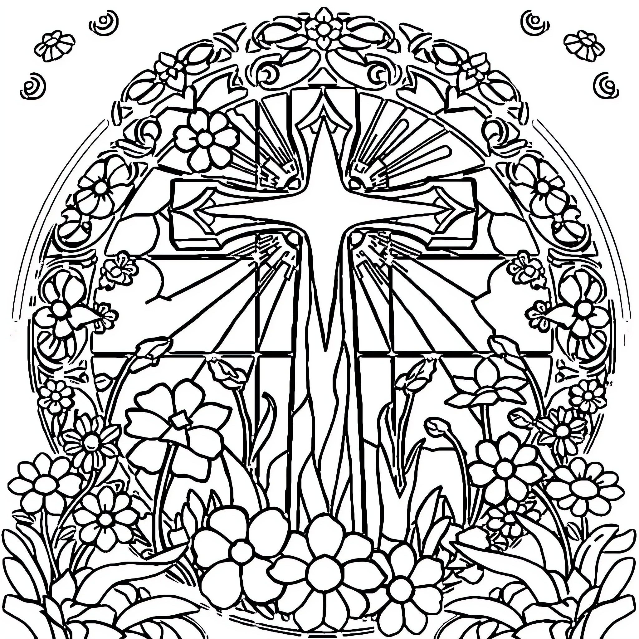Cross surrounded by floral pattern and abstract design Coloring Page (free black-and-white line drawing printable PDF for all, from beginners to advanced learners, including children, teens, adults, and seniors)