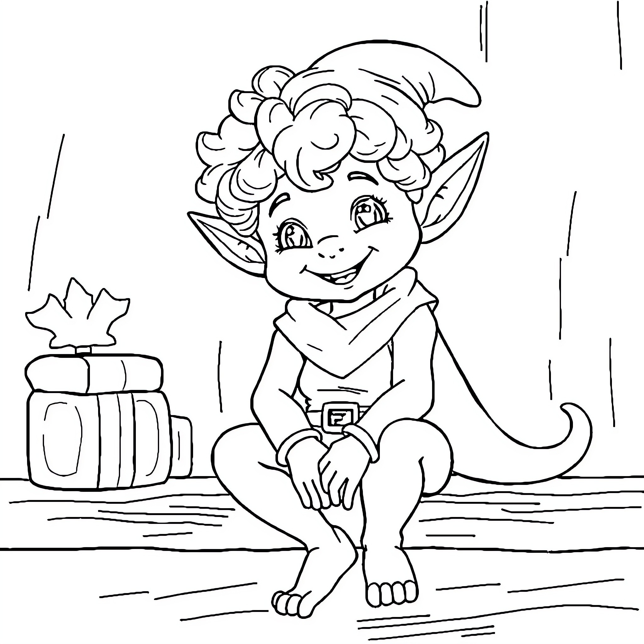 Elf sitting on a log with a friendly expression Coloring Page (free black-and-white line drawing printable PDF for all, from beginners to advanced learners, including children, teens, adults, and seniors)