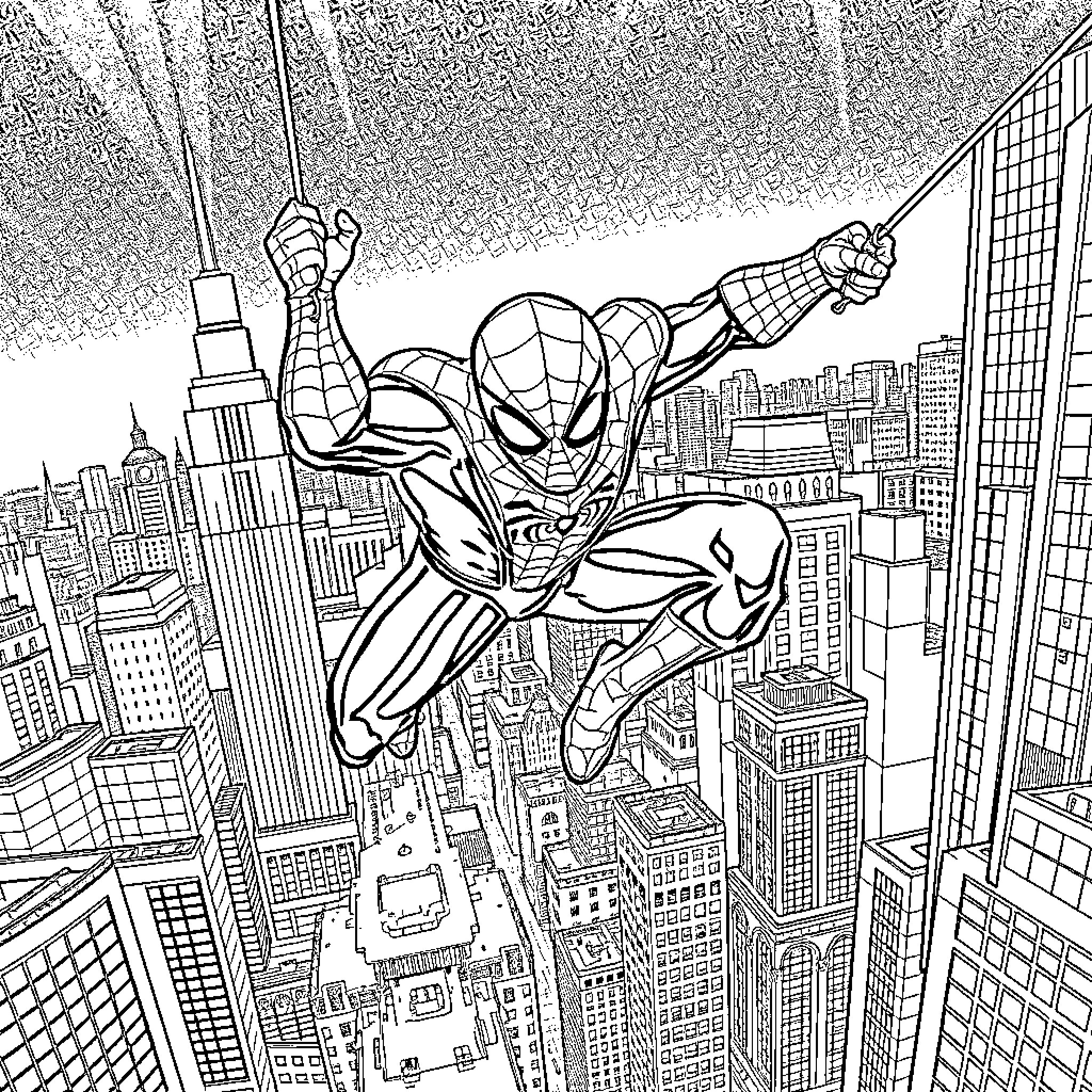 Spider-Man swinging heroically through the city skyline Coloring Page (free black-and-white line drawing printable PDF for all, from beginners to advanced learners, including children, teens, adults, and seniors)
