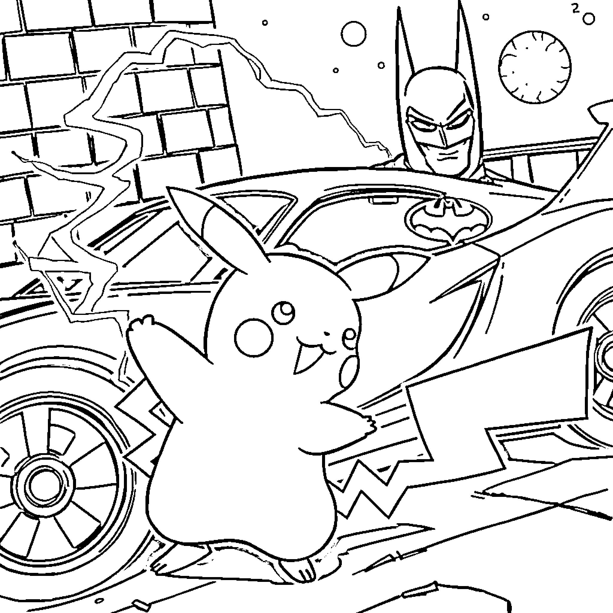 Pikachu's Superhero Adventure Coloring Page (free black-and-white line drawing printable PDF for all, from beginners to advanced learners, including children, teens, adults, and seniors)