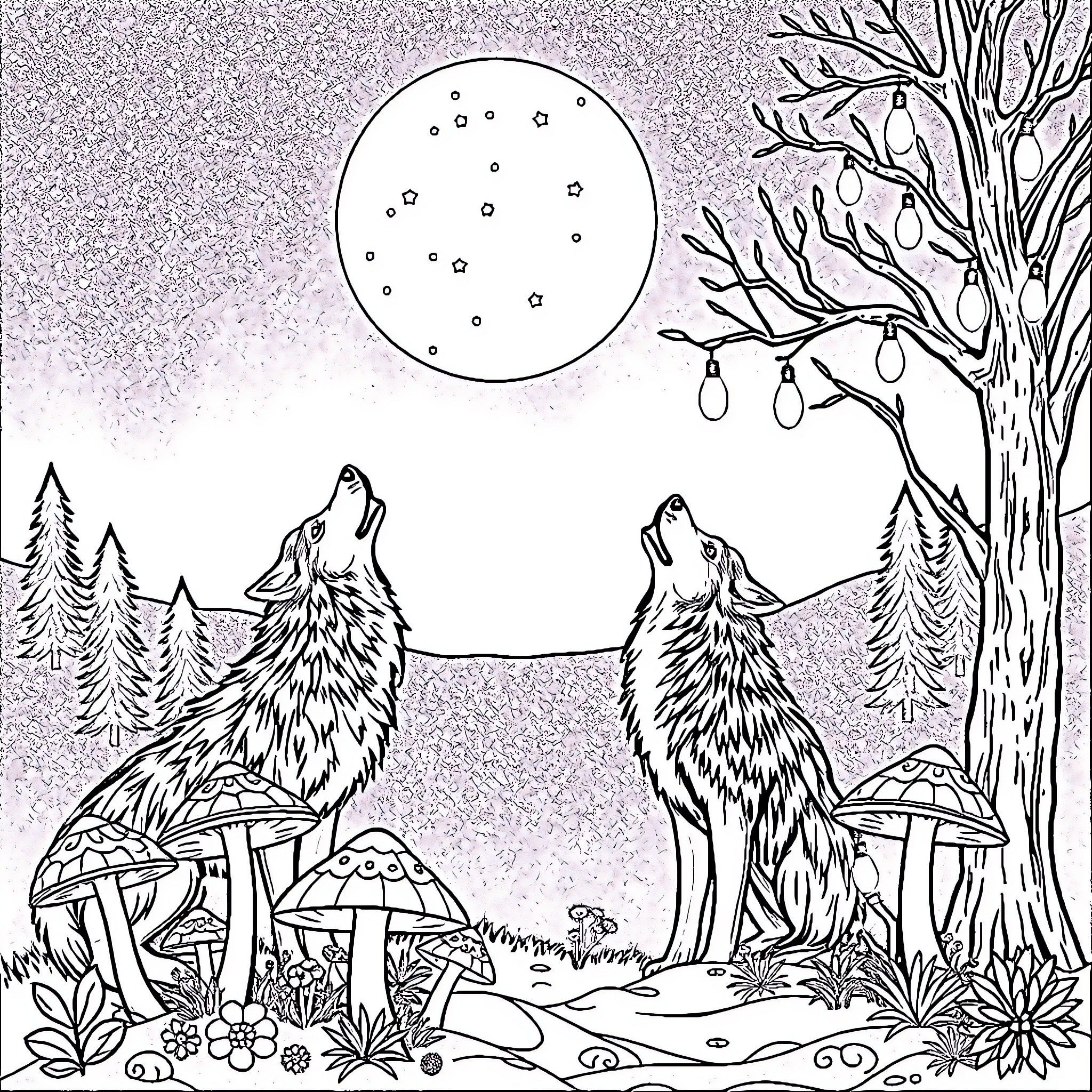 Wolf howling at the Moon in the Forest Coloring Page (free black-and-white line drawing printable PDF for all, from beginners to advanced learners, including children, teens, adults, and seniors)