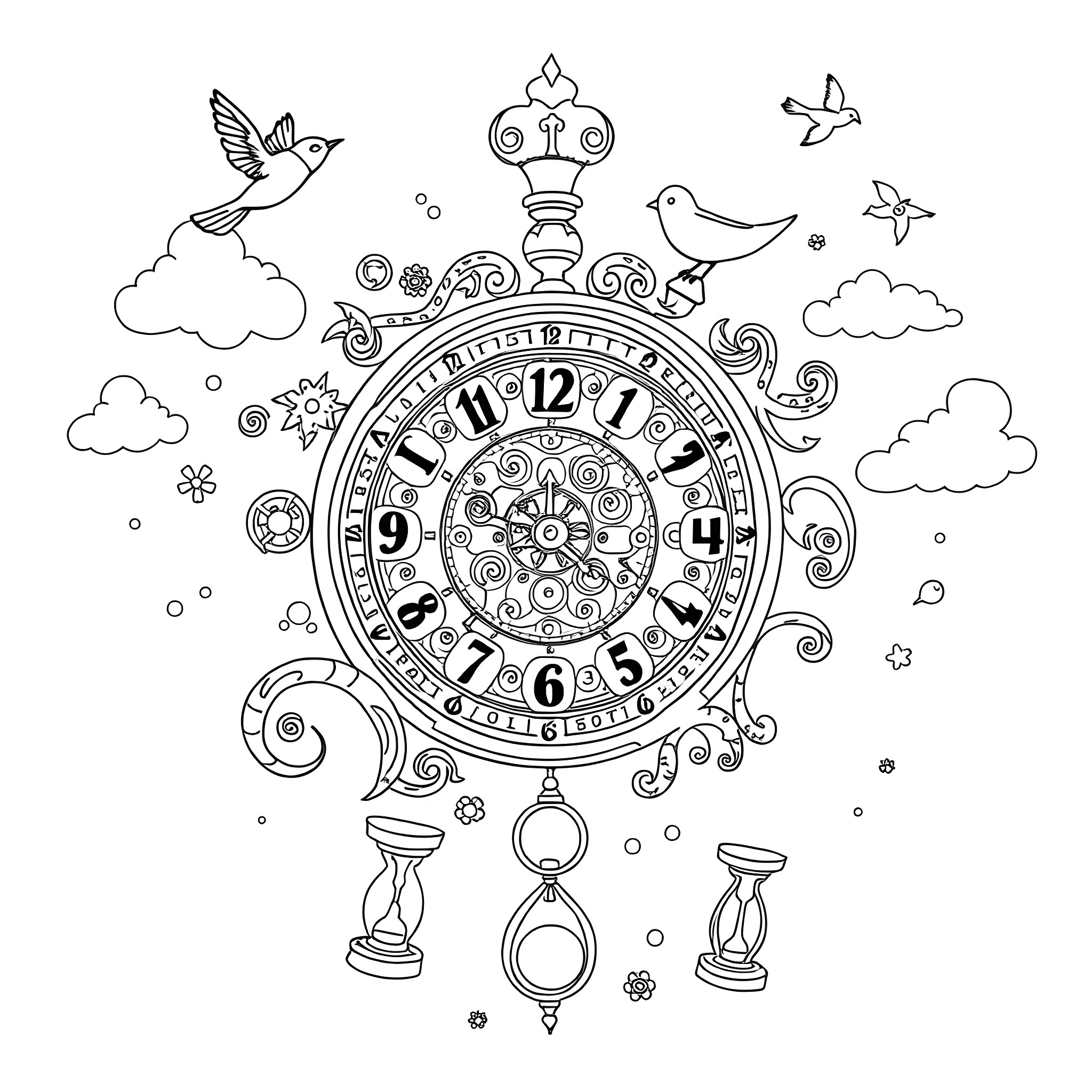 Time passing through the ornate clock with nature Coloring Page (free black-and-white line drawing printable PDF for all, from beginners to advanced learners, including children, teens, adults, and seniors)