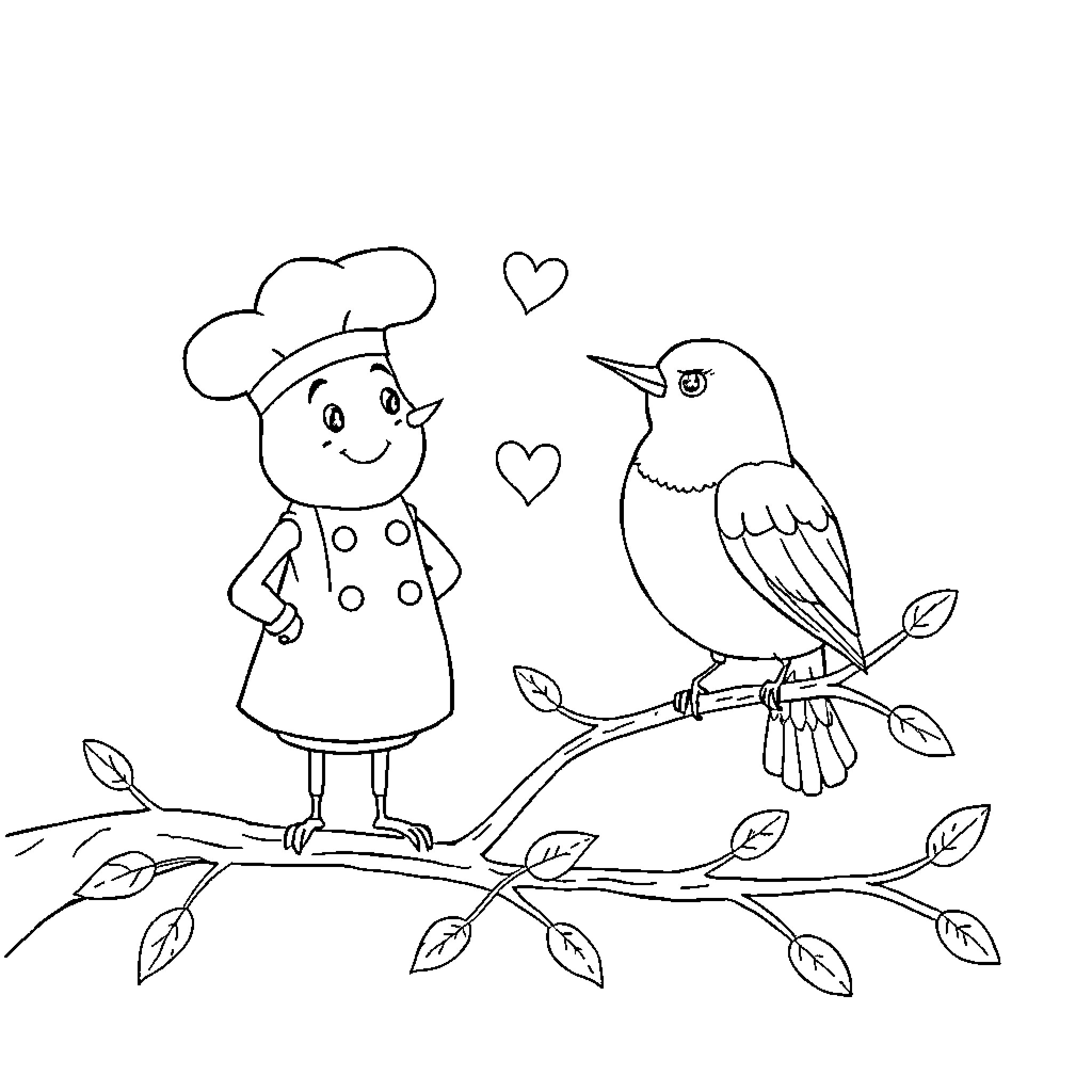Mr. Cake's Birdly Encounter in the Garden Coloring Page (free black-and-white line drawing printable PDF for all, from beginners to advanced learners, including children, teens, adults, and seniors)