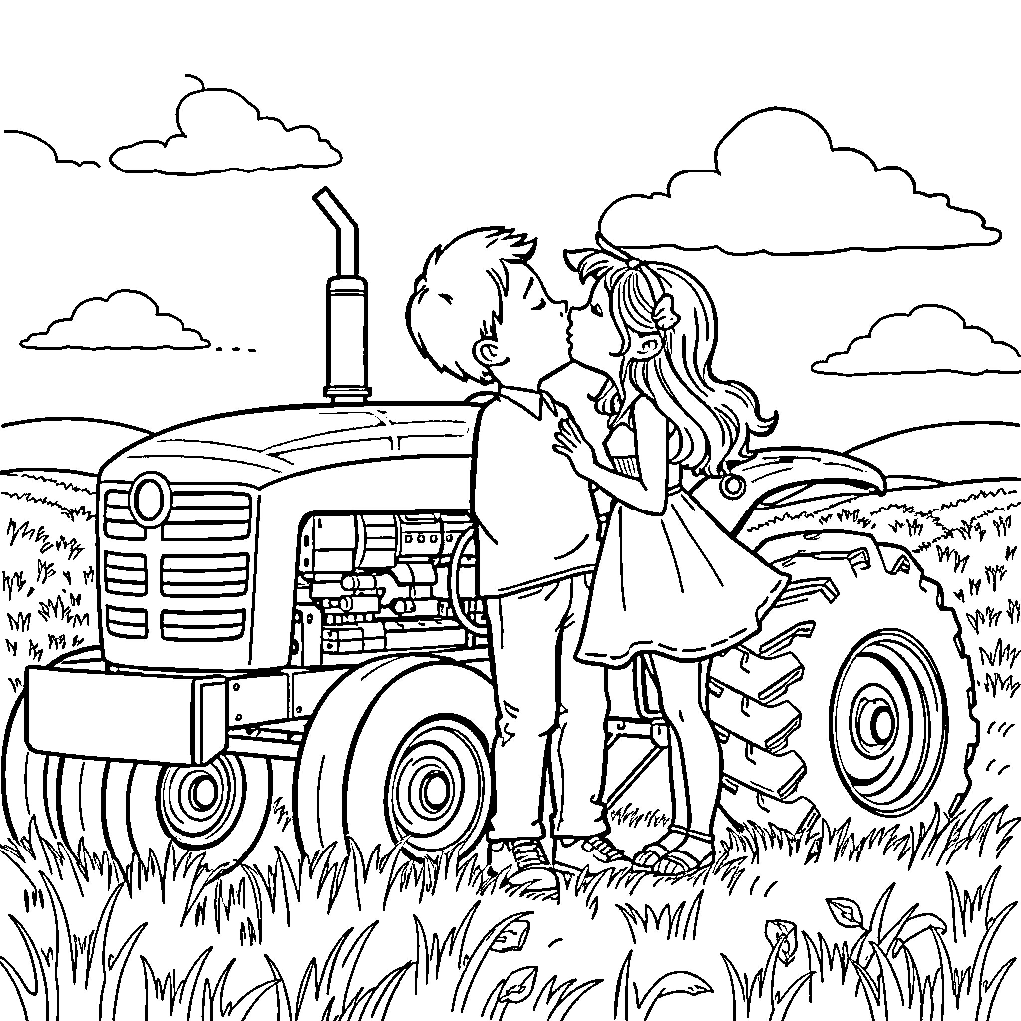 Kiss of young couple on tractor in countryside Coloring Page (free black-and-white line drawing printable PDF for all, from beginners to advanced learners, including children, teens, adults, and seniors)