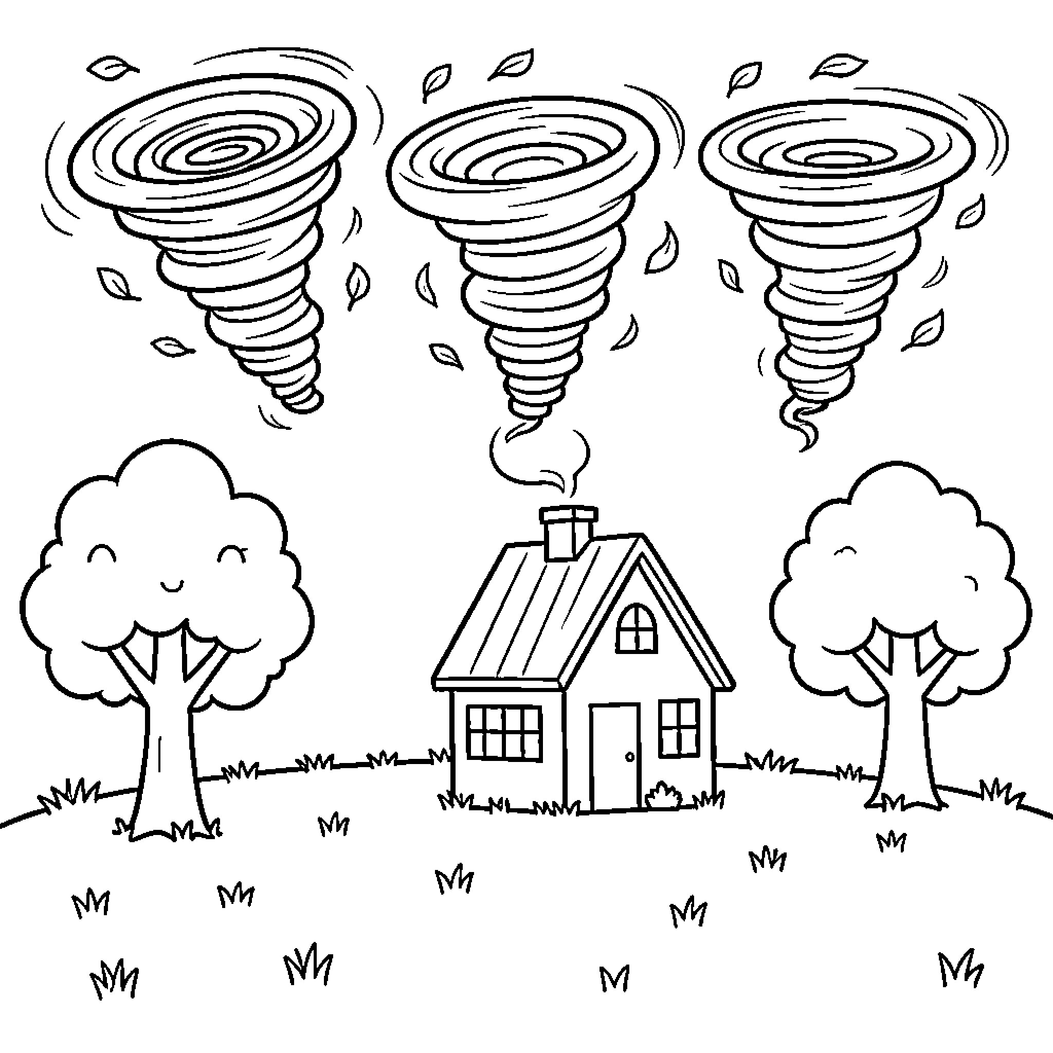 Tornado warning over house and trees Coloring Page (free black-and-white line drawing printable PDF for all, from beginners to advanced learners, including children, teens, adults, and seniors)