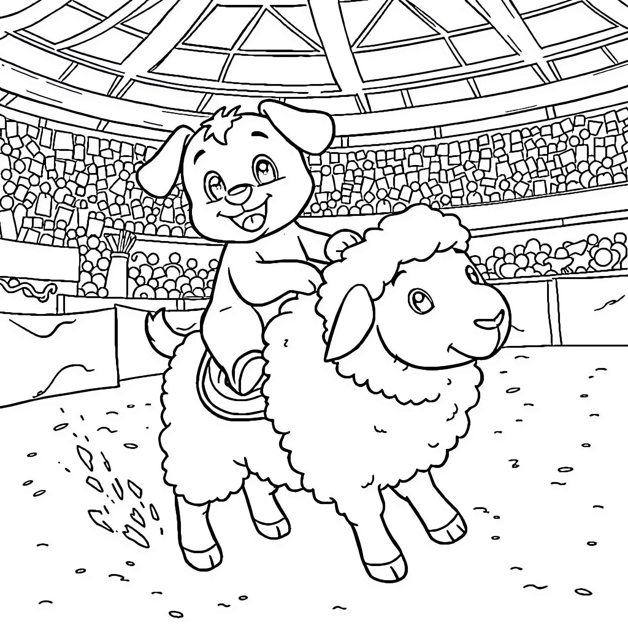Bluey and her sheep friend at the farm Coloring Page (free black-and-white line drawing printable PDF for all, from beginners to advanced learners, including children, teens, adults, and seniors)