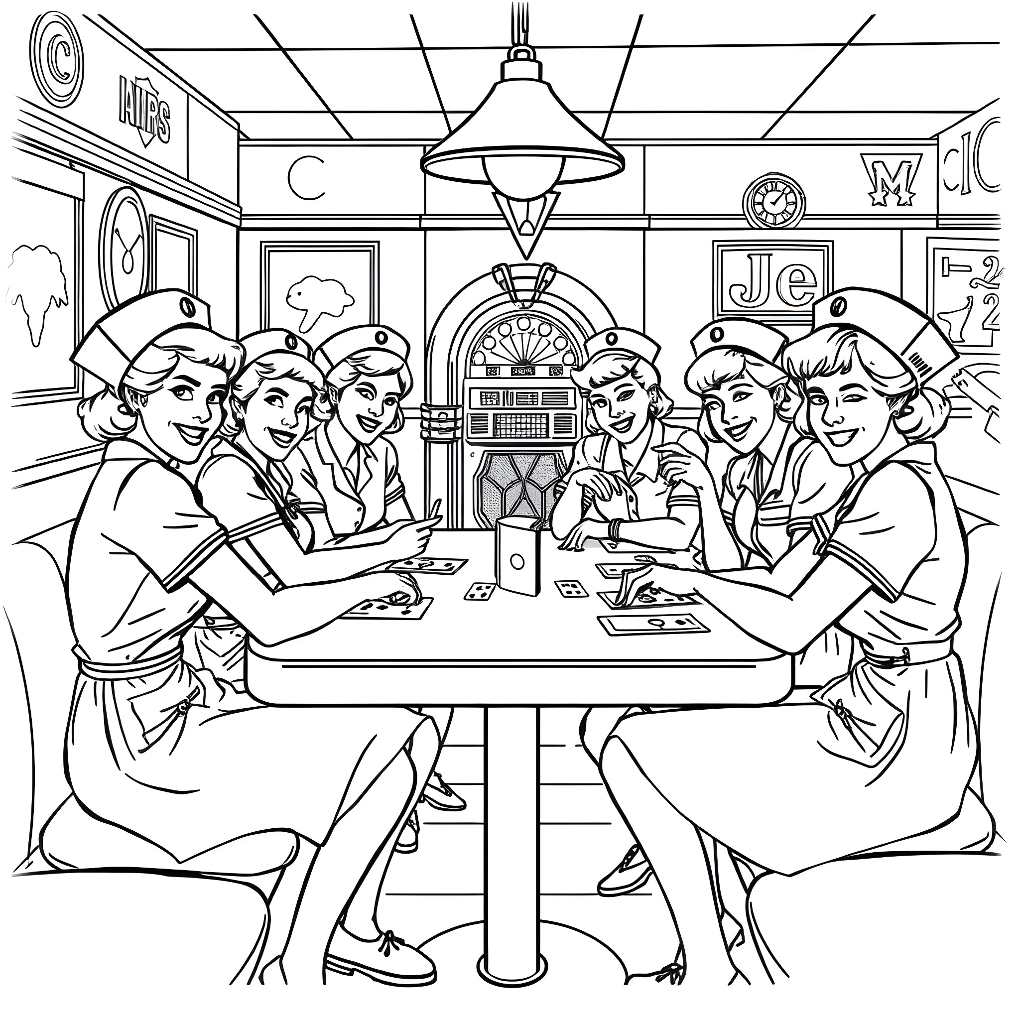 Nurses Gathered Around a Diner Table Coloring Page (free black-and-white line drawing printable PDF for all, from beginners to advanced learners, including children, teens, adults, and seniors)