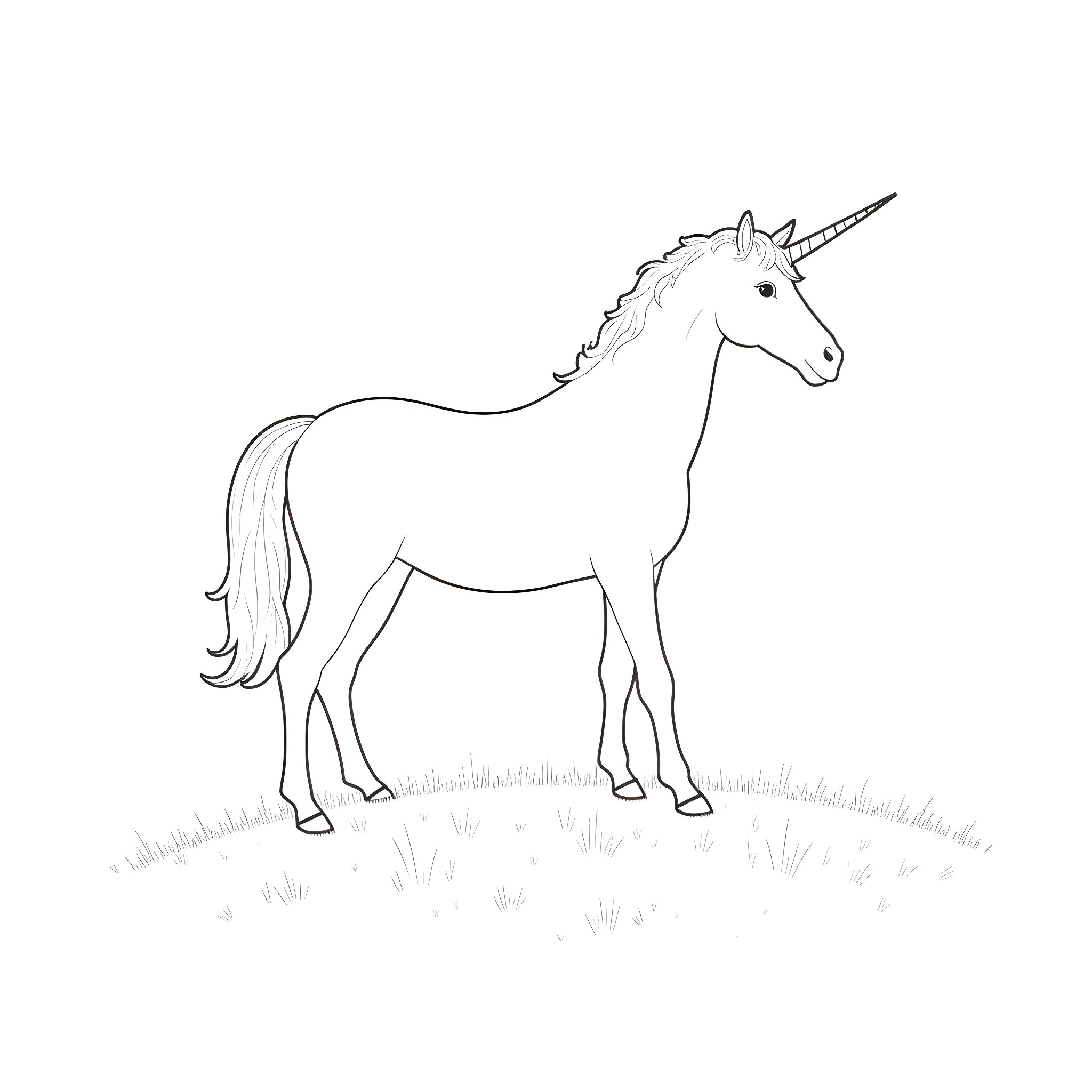 Unicorn standing gracefully in the field Coloring Page (free black-and-white line drawing printable PDF for all, from beginners to advanced learners, including children, teens, adults, and seniors)