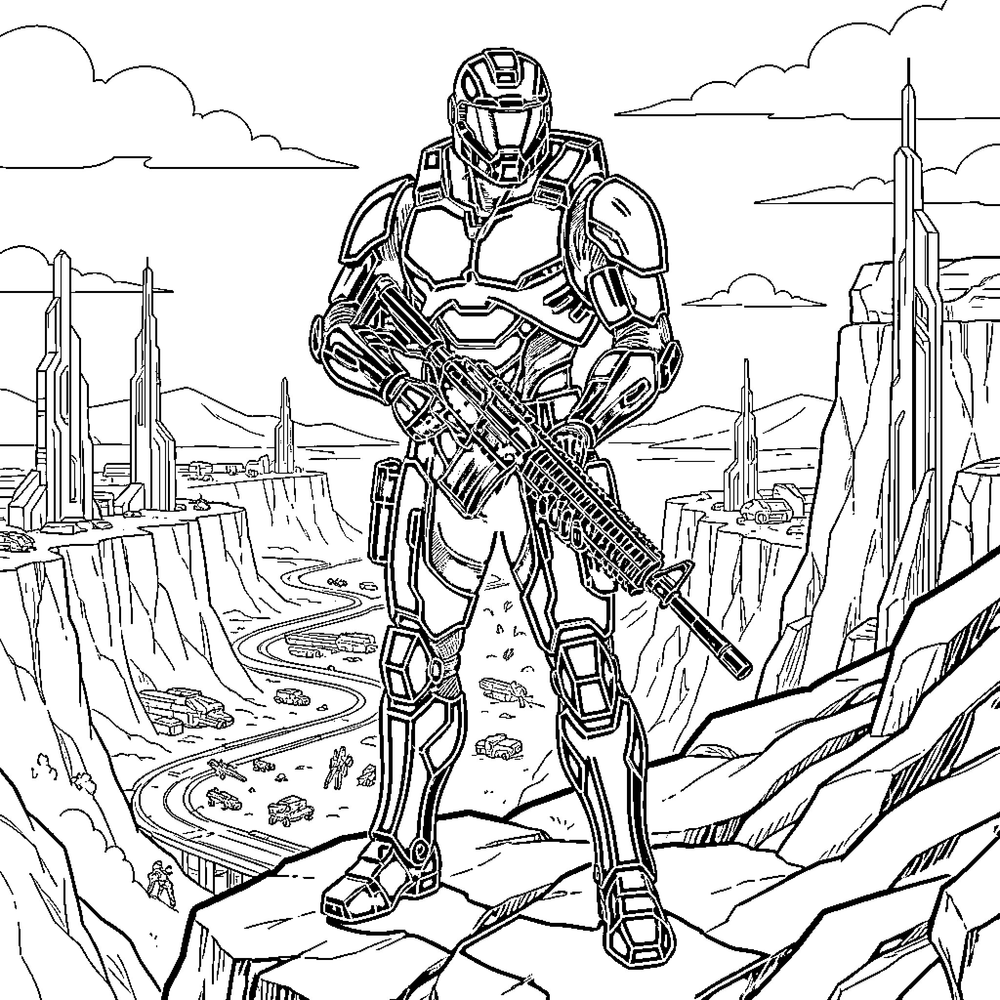 Noble 6 Soldier in Futuristic Armored Suit Coloring Page (free black-and-white line drawing printable PDF for all, from beginners to advanced learners, including children, teens, adults, and seniors)