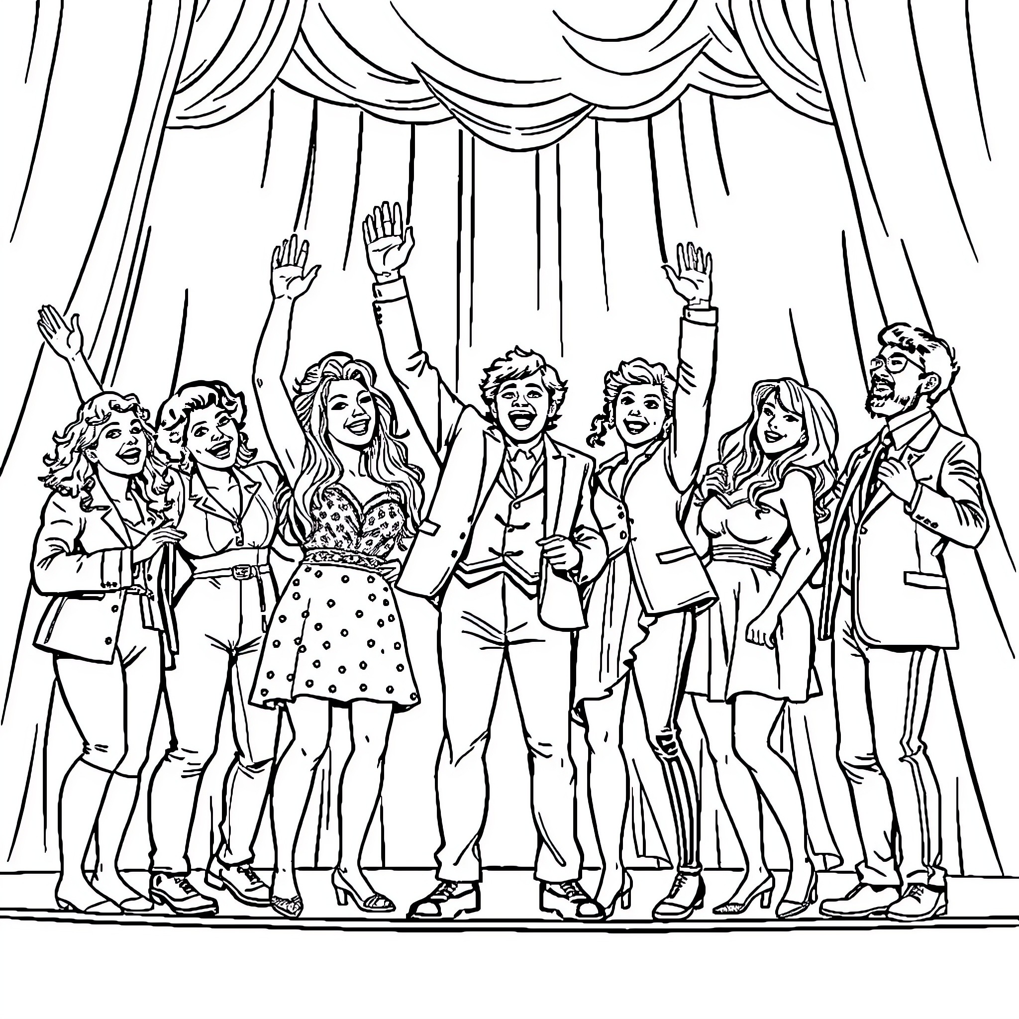 Cast performing joyfully on stage Coloring Page (free black-and-white line drawing printable PDF for all, from beginners to advanced learners, including children, teens, adults, and seniors)