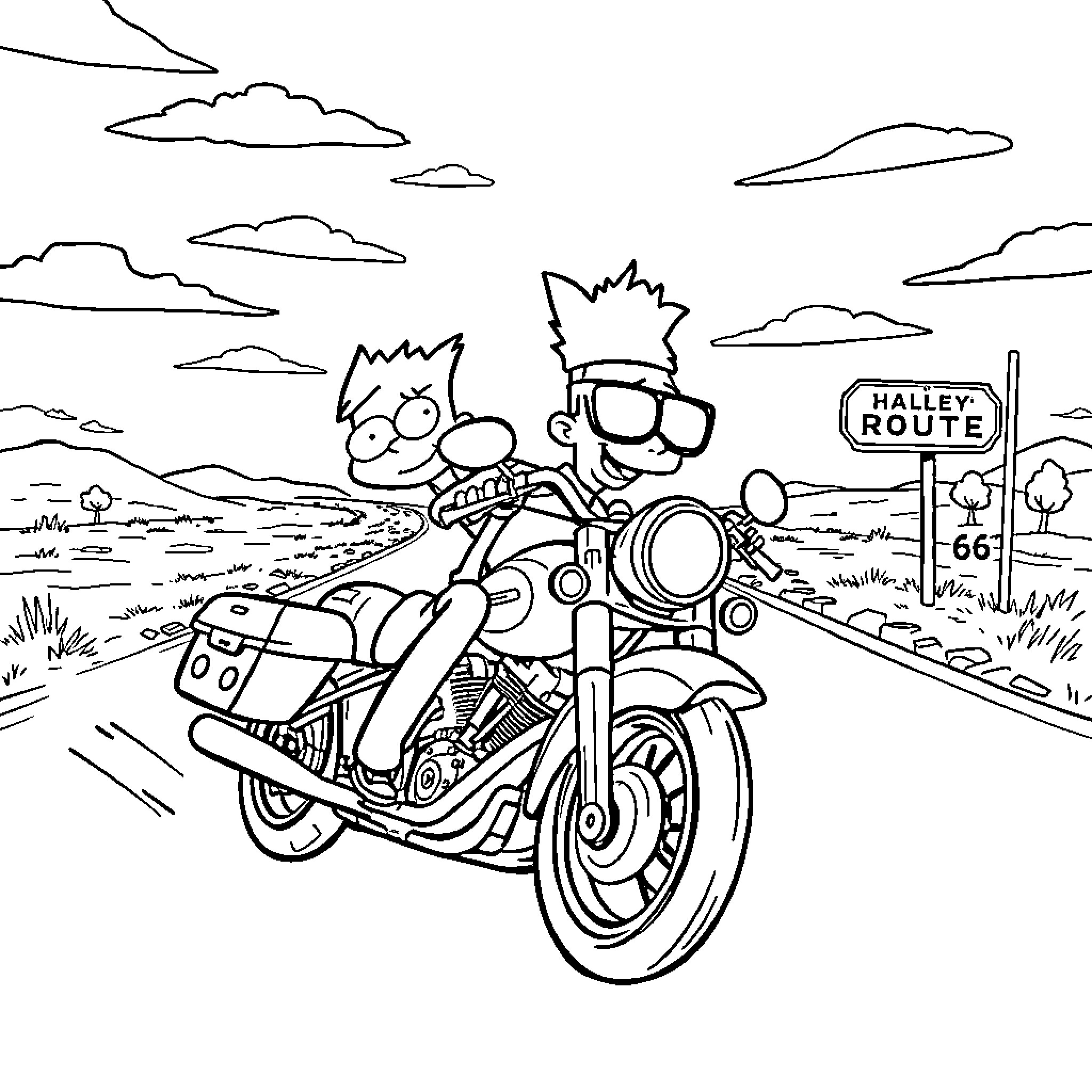 Phineas and Ferb on a Motorcycle Adventure Coloring Page (free black-and-white line drawing printable PDF for all, from beginners to advanced learners, including children, teens, adults, and seniors)