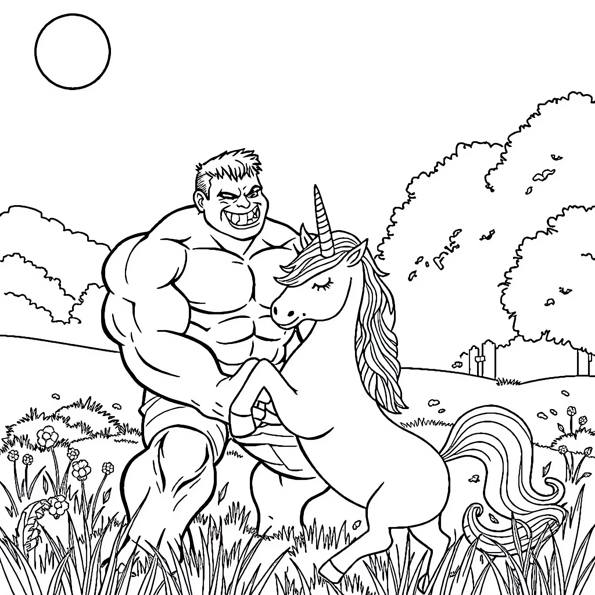 Hulk riding a unicorn through a magical forest Coloring Page (free black-and-white line drawing printable PDF for all, from beginners to advanced learners, including children, teens, adults, and seniors)